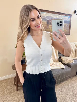Pointelle Button Top with Scallop Detail in White