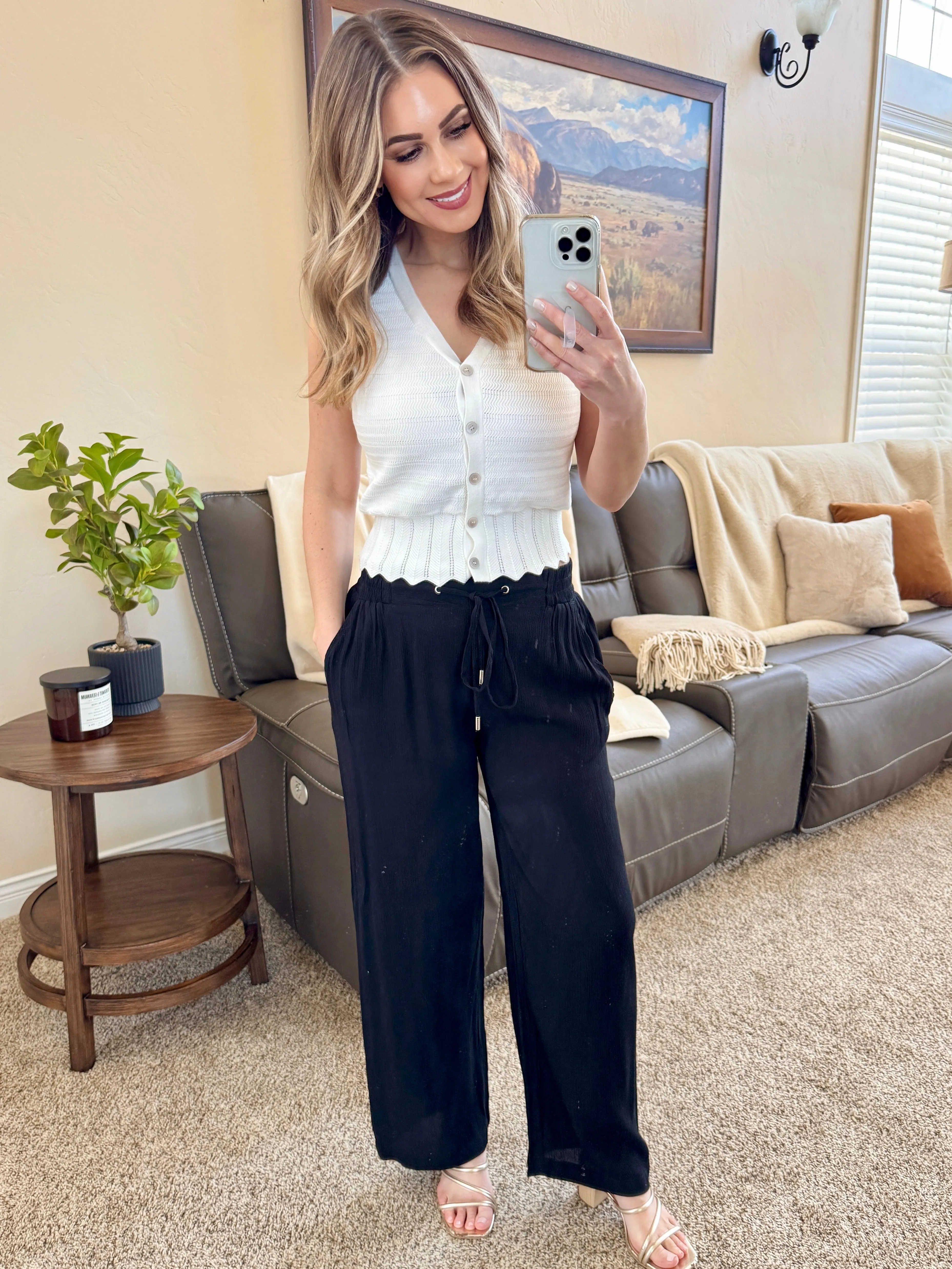Pointelle Button Top with Scallop Detail in White