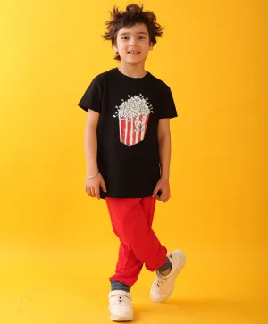 POPCORN BLACK SUMMER RED RIB BOYS JOGGER SET - BLACK/RED