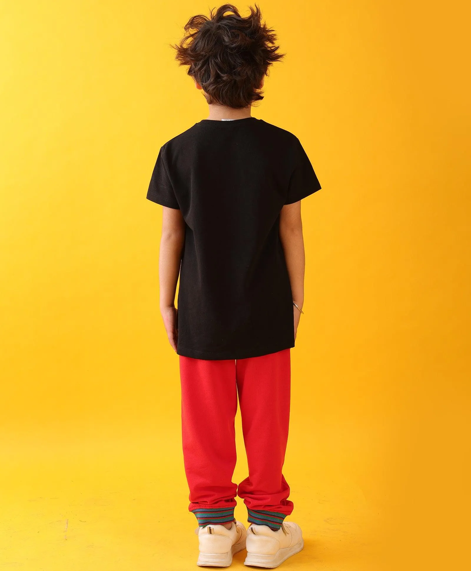 POPCORN BLACK SUMMER RED RIB BOYS JOGGER SET - BLACK/RED