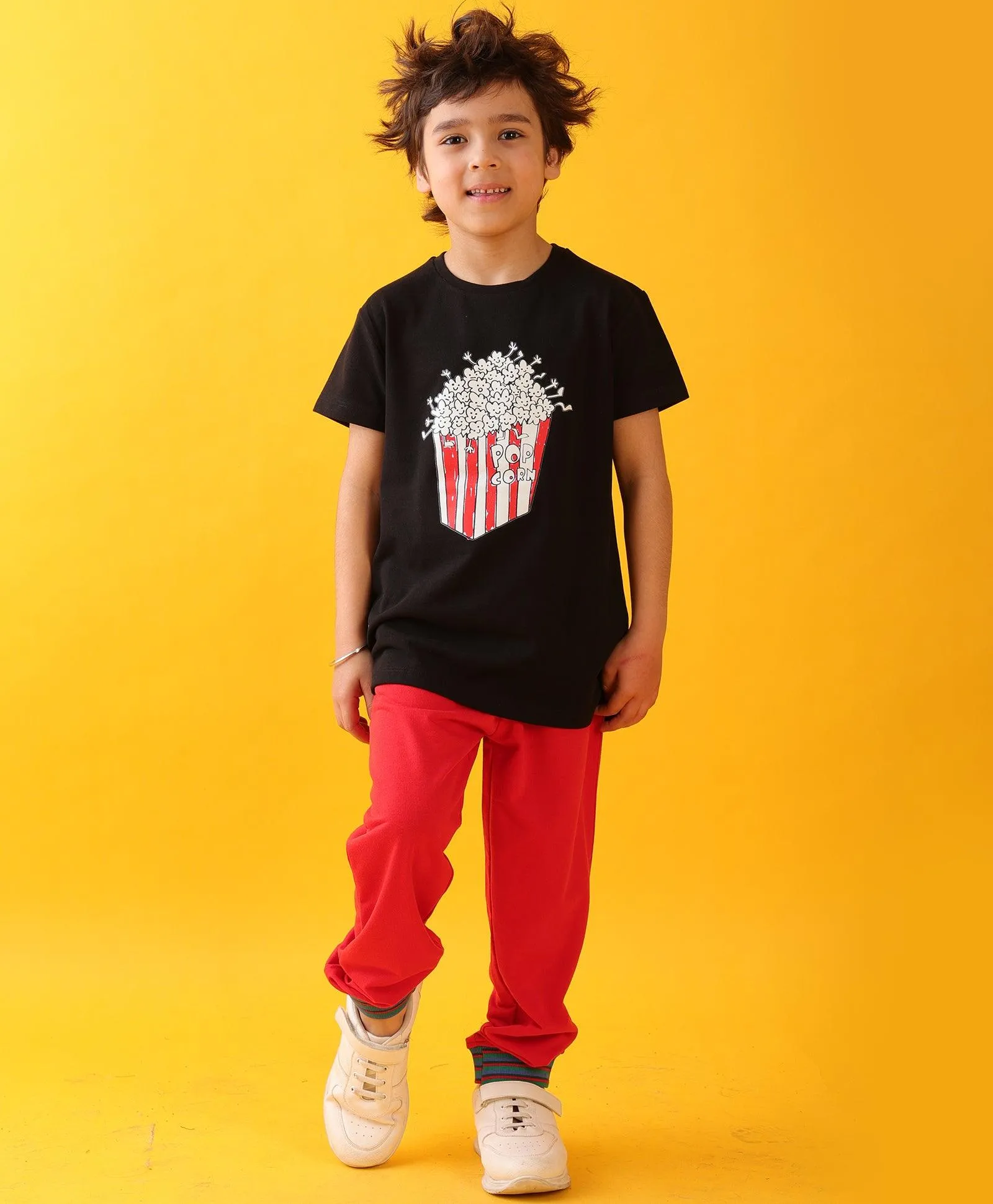 POPCORN BLACK SUMMER RED RIB BOYS JOGGER SET - BLACK/RED