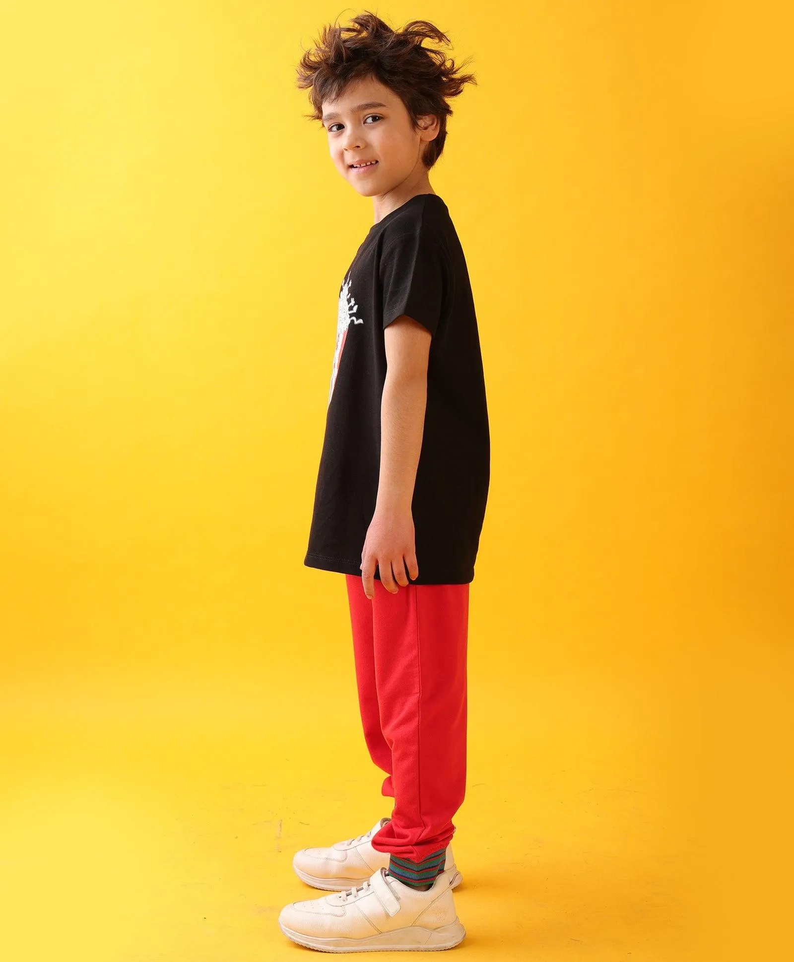 POPCORN BLACK SUMMER RED RIB BOYS JOGGER SET - BLACK/RED