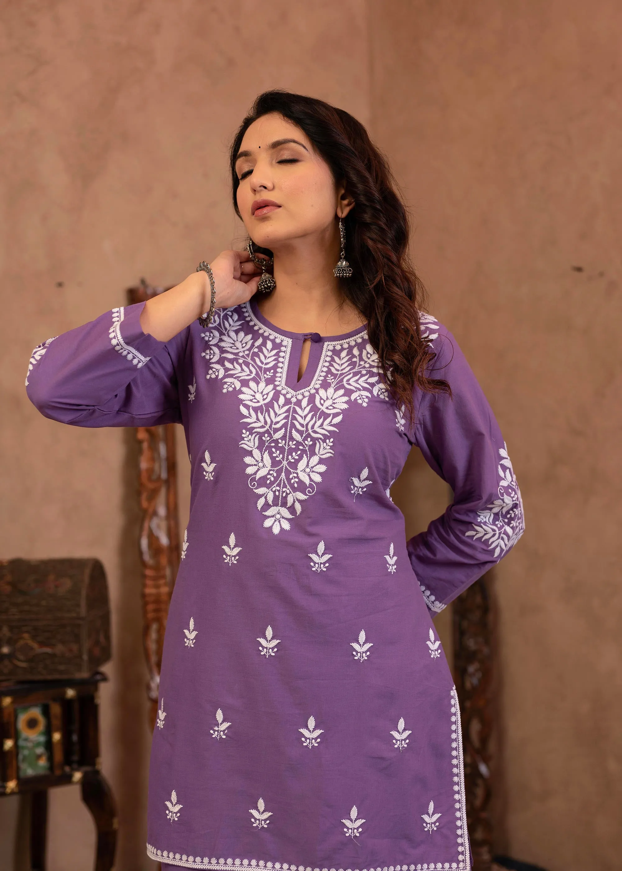 Purple Embroidered Cotton Kurta with Pant