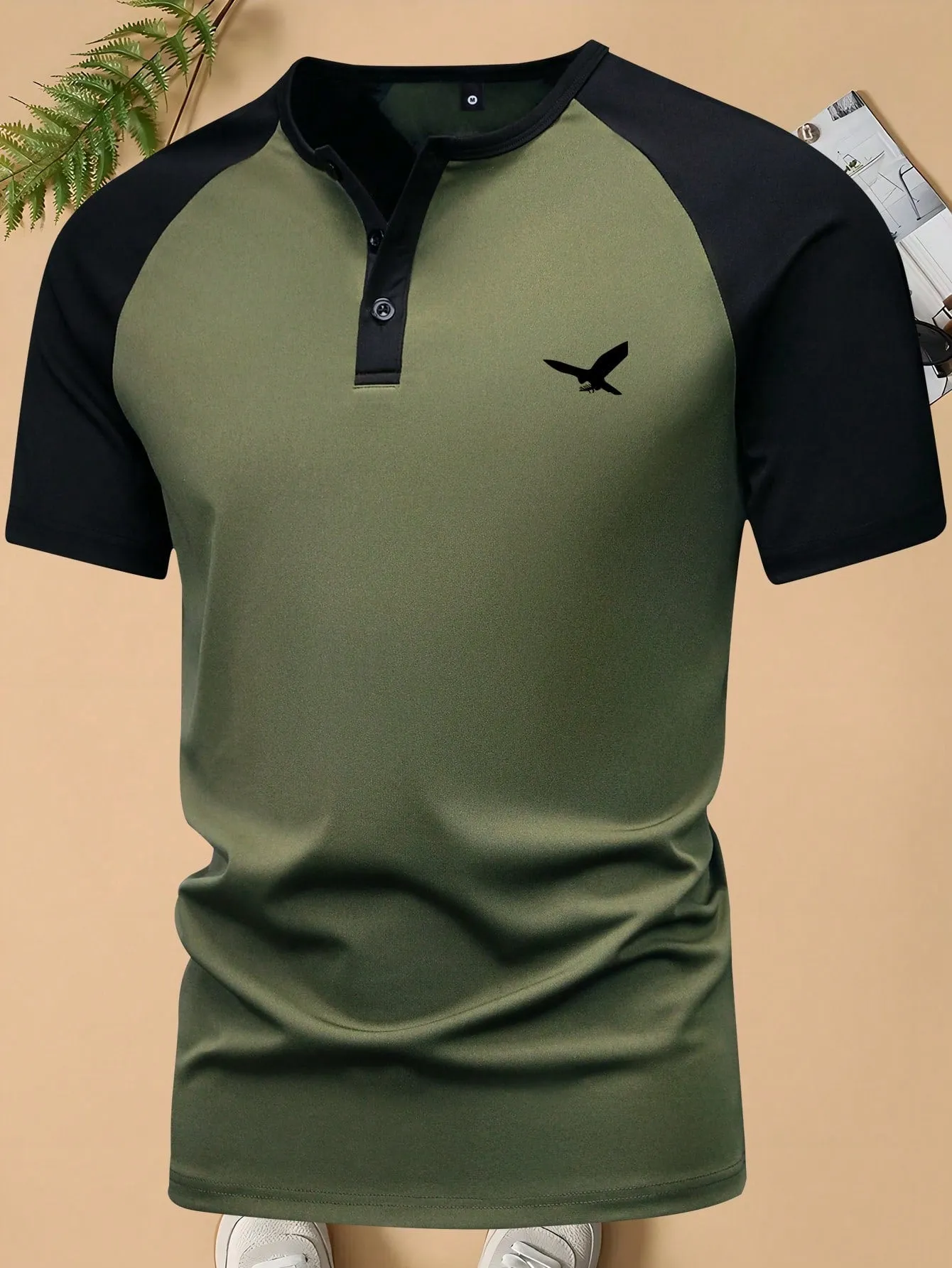 QA Men's Summer Short Sleeve T-Shirt, Henry Shirt Style, Fashionable & Personalized Eagle Print, Casual & Sport Look, Suitable For Travel, Vacation & Outdoor Camping, Upper Garment For Men