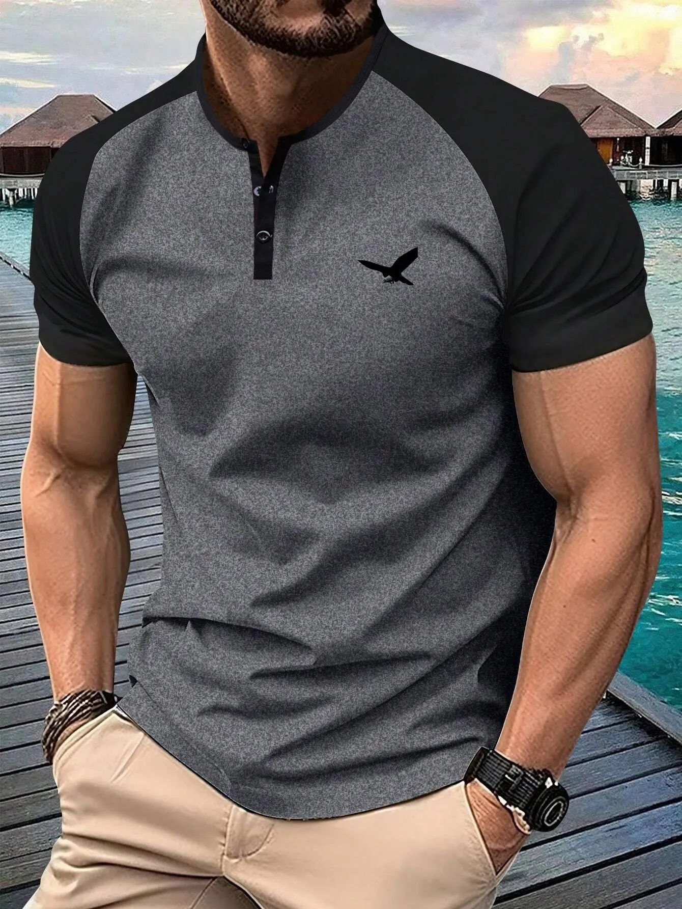 QA Men's Summer Short Sleeve T-Shirt, Henry Shirt Style, Fashionable & Personalized Eagle Print, Casual & Sport Look, Suitable For Travel, Vacation & Outdoor Camping, Upper Garment For Men