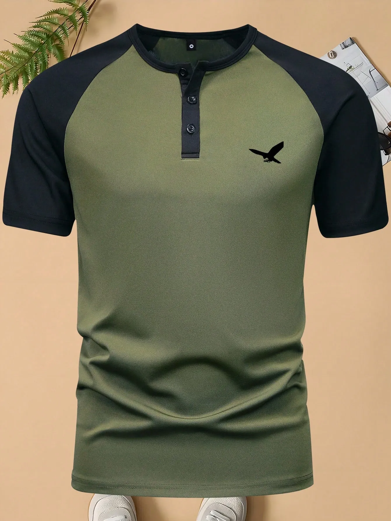 QA Men's Summer Short Sleeve T-Shirt, Henry Shirt Style, Fashionable & Personalized Eagle Print, Casual & Sport Look, Suitable For Travel, Vacation & Outdoor Camping, Upper Garment For Men