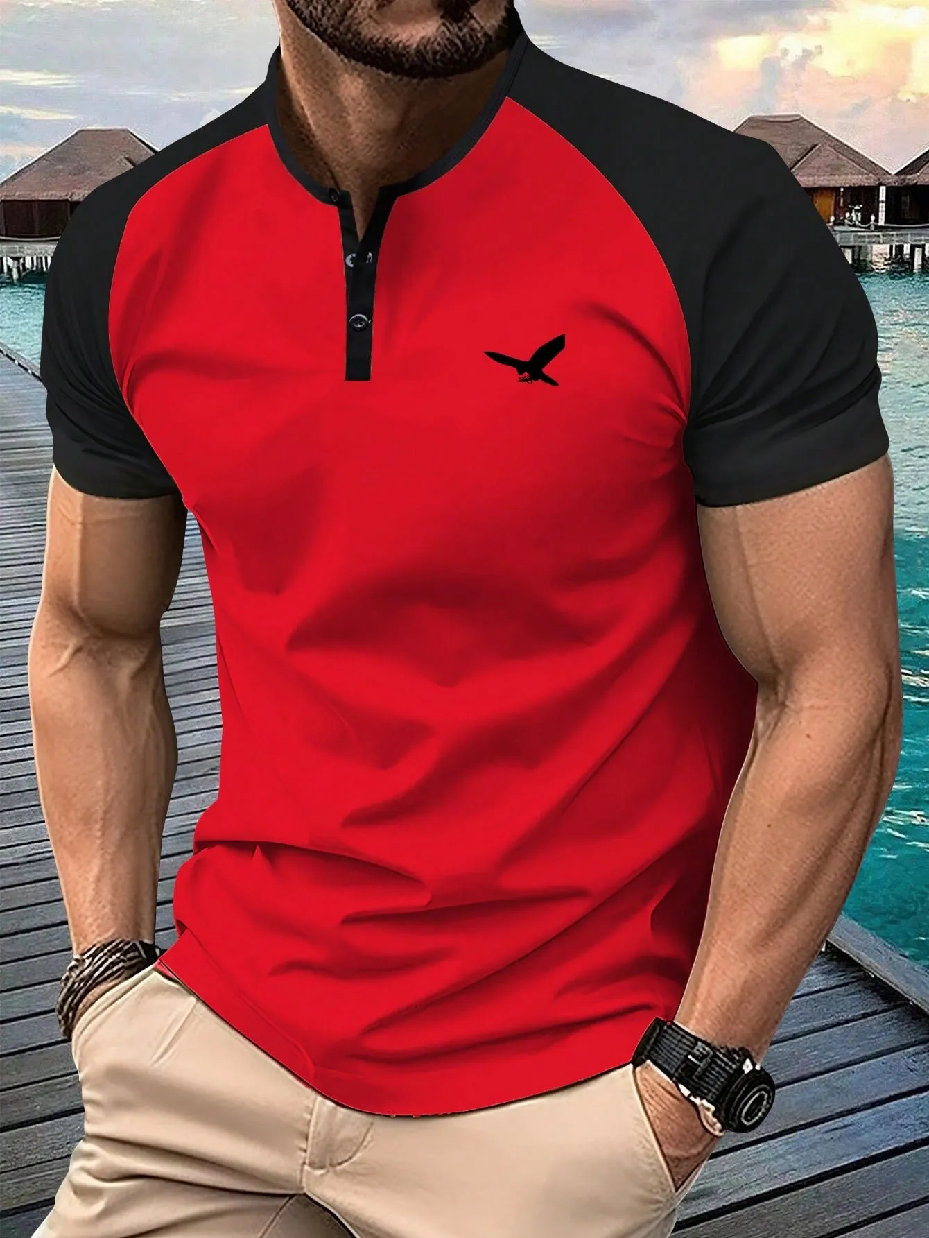 QA Men's Summer Short Sleeve T-Shirt, Henry Shirt Style, Fashionable & Personalized Eagle Print, Casual & Sport Look, Suitable For Travel, Vacation & Outdoor Camping, Upper Garment For Men