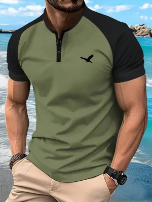 QA Men's Summer Short Sleeve T-Shirt, Henry Shirt Style, Fashionable & Personalized Eagle Print, Casual & Sport Look, Suitable For Travel, Vacation & Outdoor Camping, Upper Garment For Men