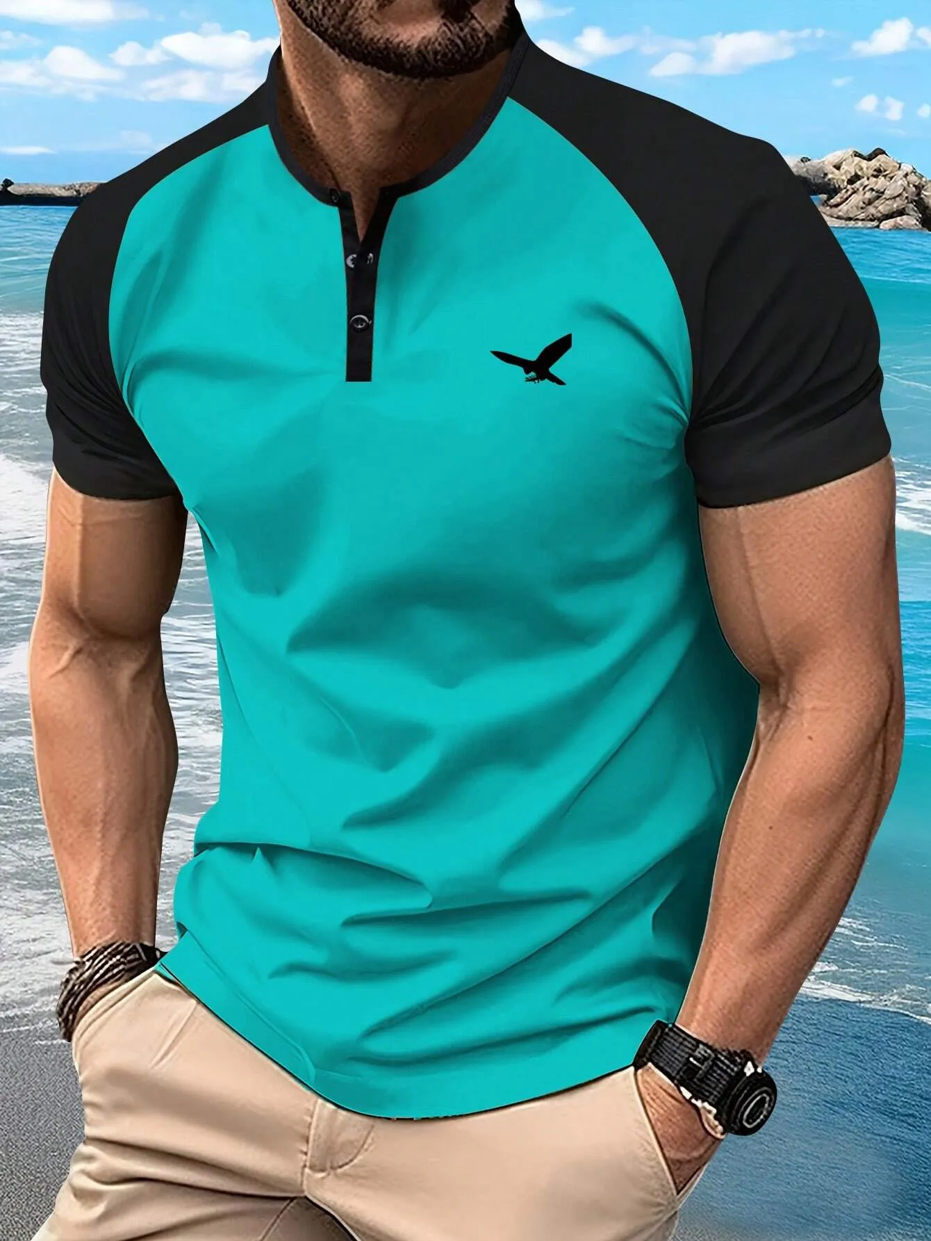 QA Men's Summer Short Sleeve T-Shirt, Henry Shirt Style, Fashionable & Personalized Eagle Print, Casual & Sport Look, Suitable For Travel, Vacation & Outdoor Camping, Upper Garment For Men