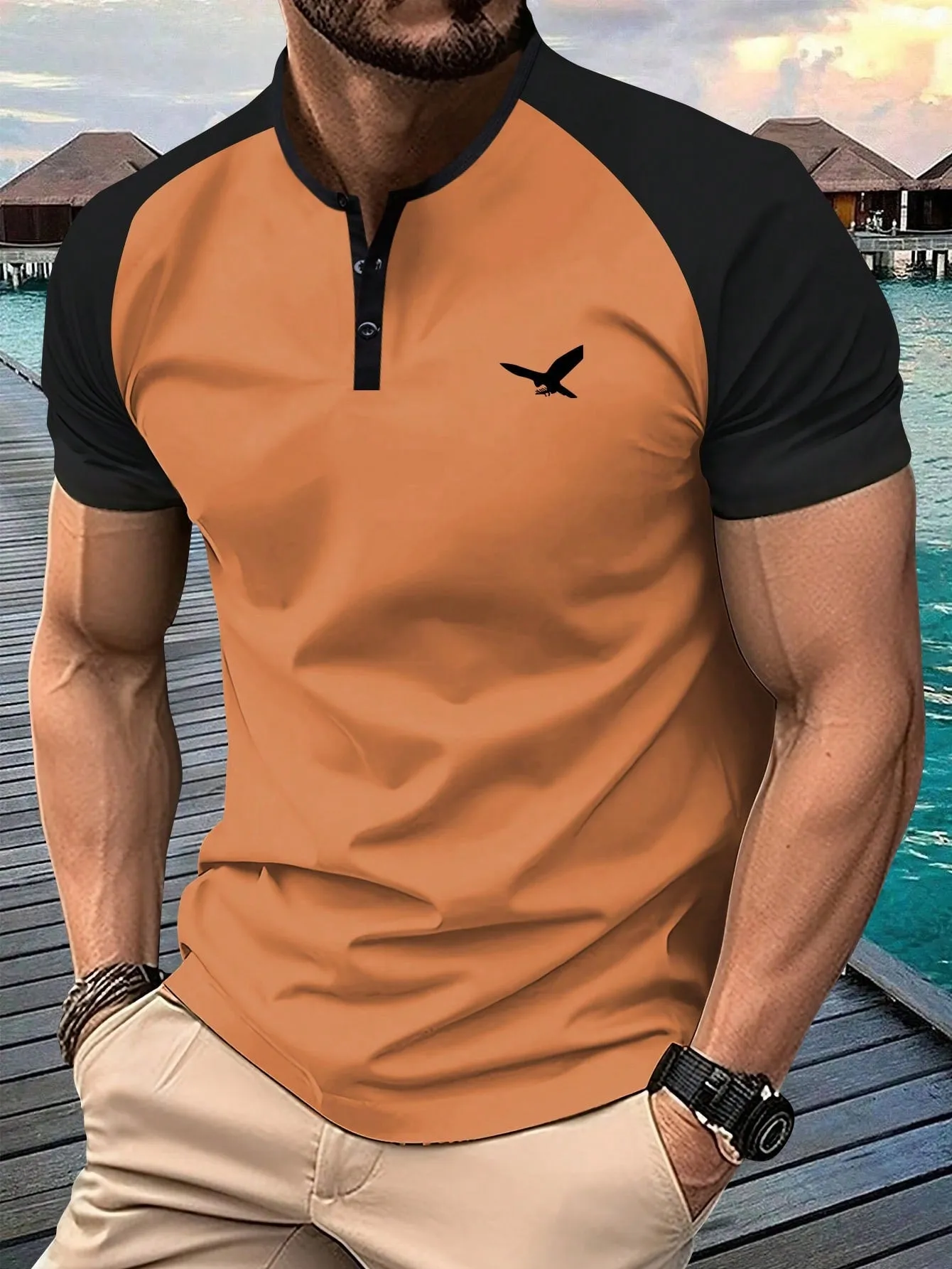 QA Men's Summer Short Sleeve T-Shirt, Henry Shirt Style, Fashionable & Personalized Eagle Print, Casual & Sport Look, Suitable For Travel, Vacation & Outdoor Camping, Upper Garment For Men