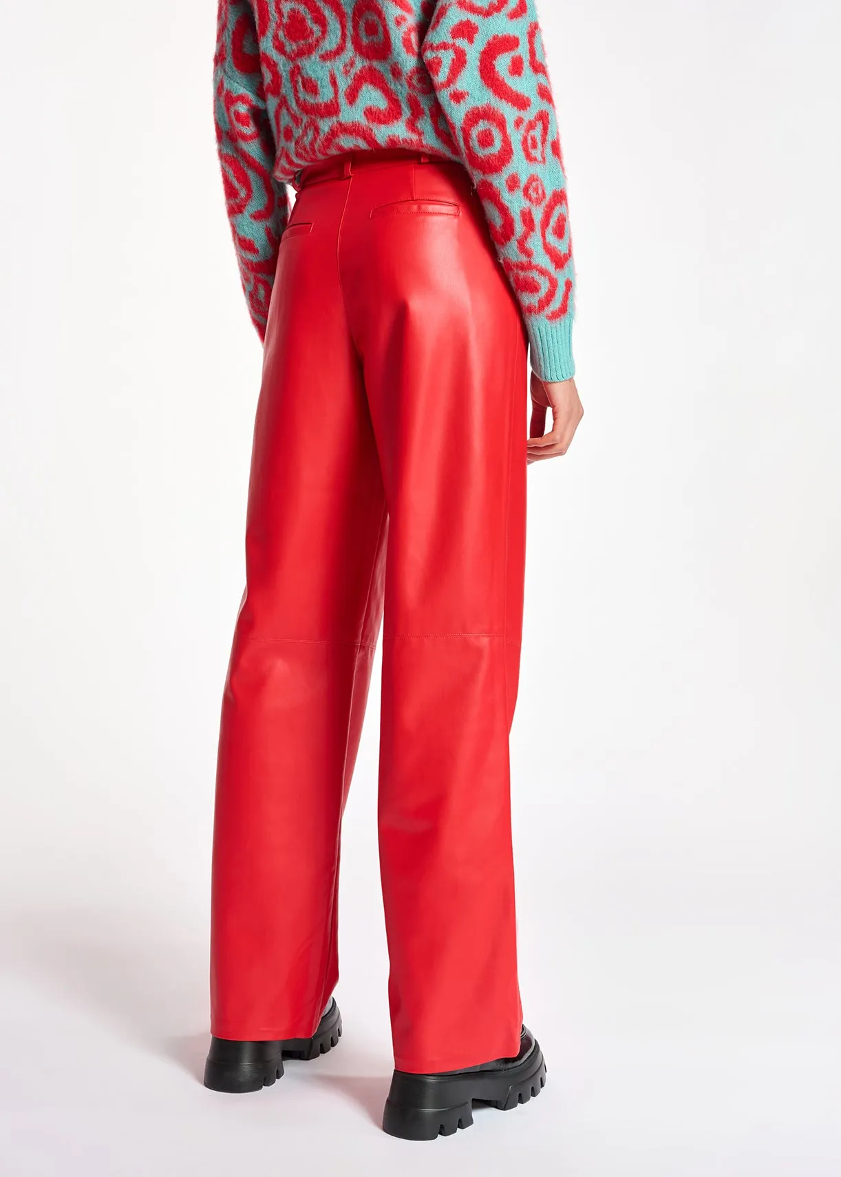 Red faux leather straight-leg pants