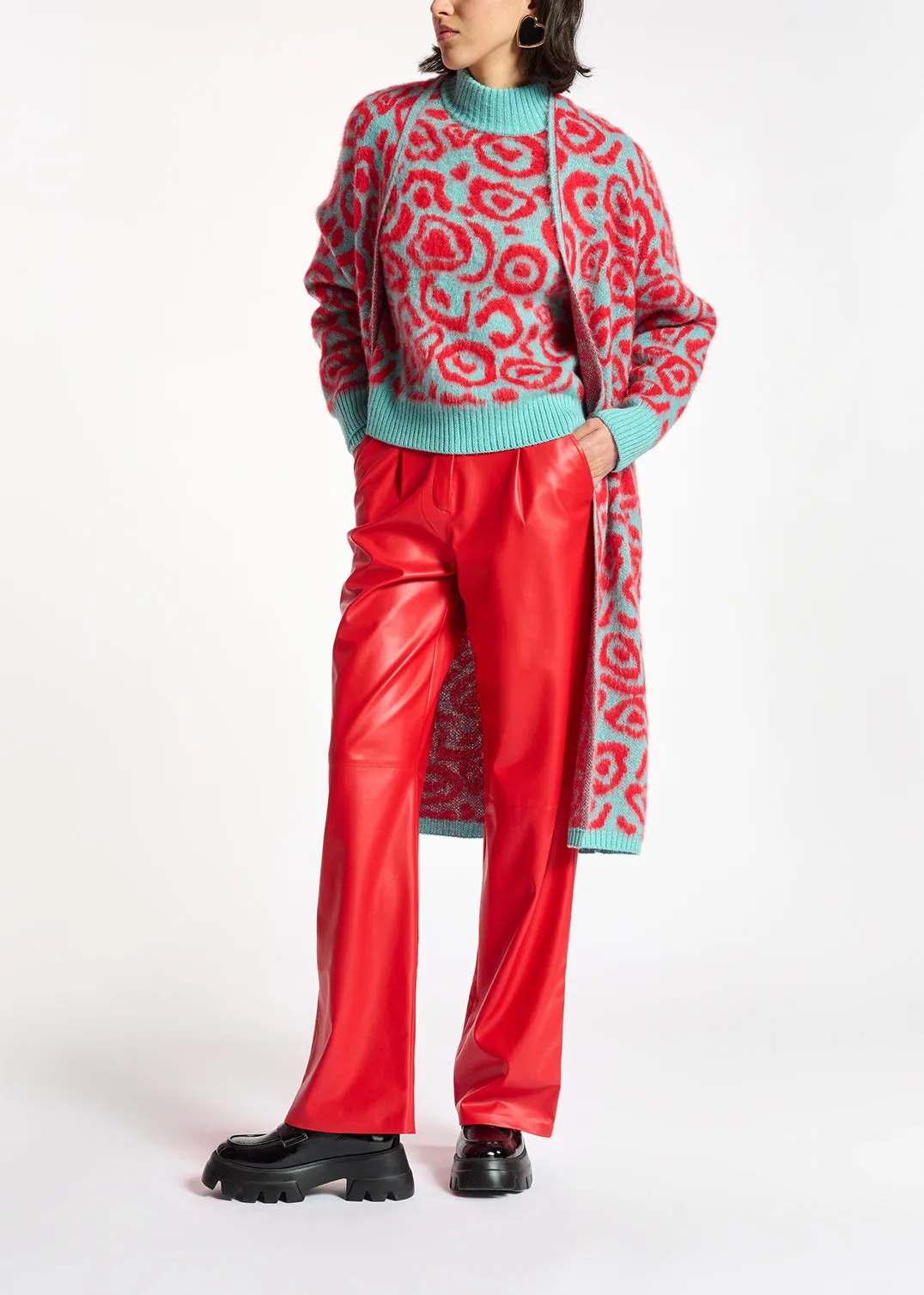 Red faux leather straight-leg pants
