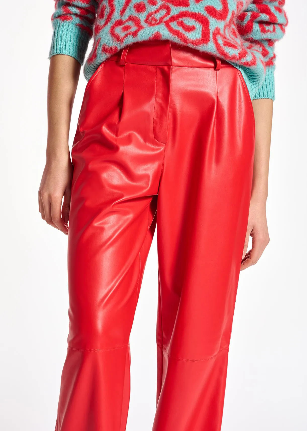 Red faux leather straight-leg pants