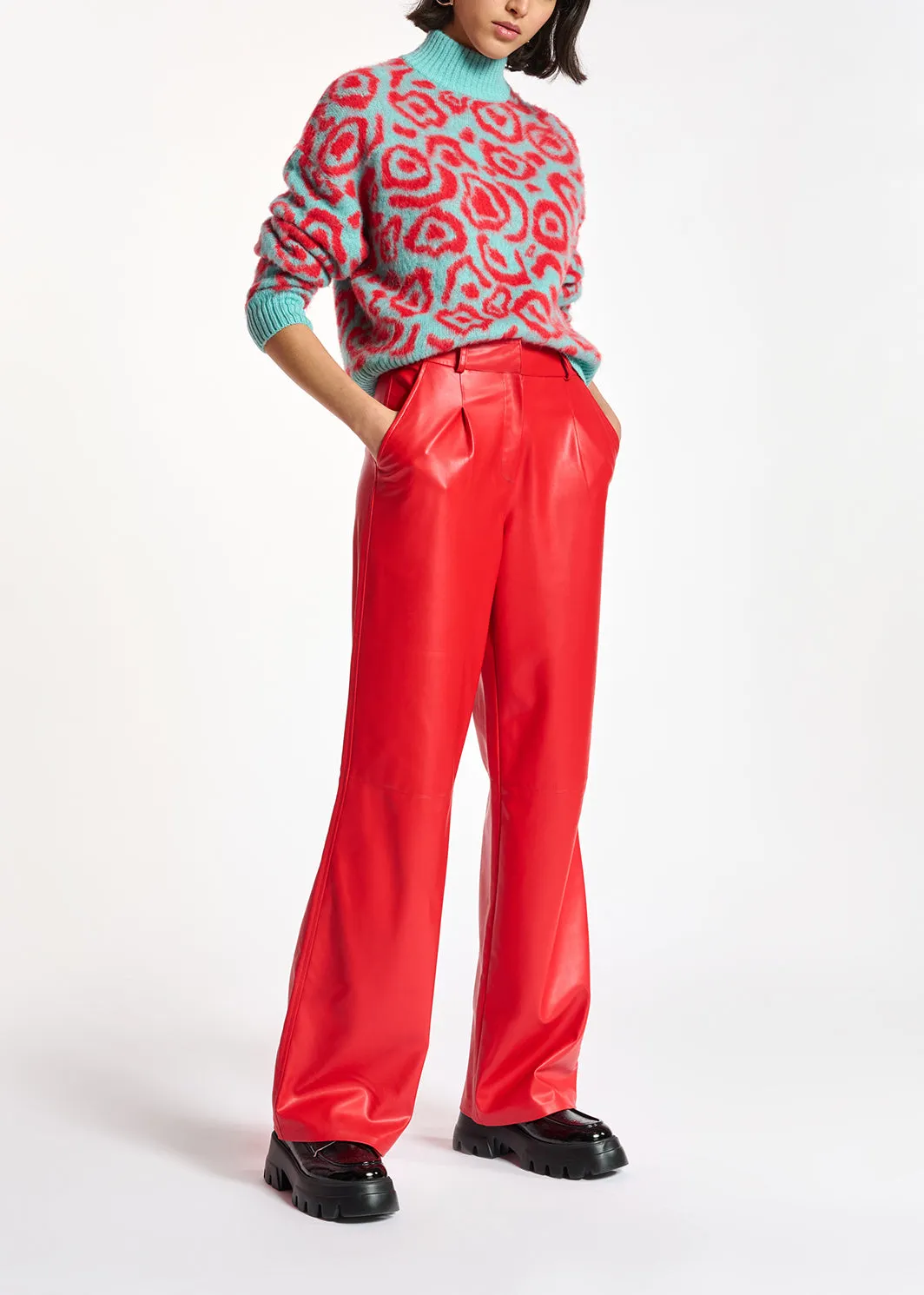 Red faux leather straight-leg pants
