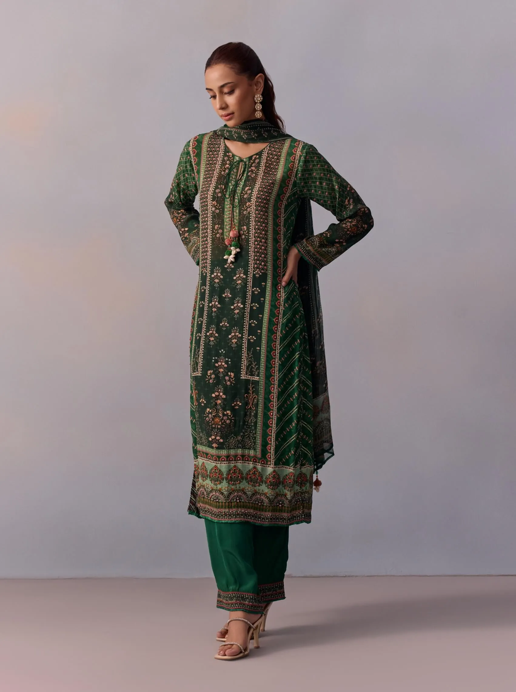 Reham bottle green printed kurta set