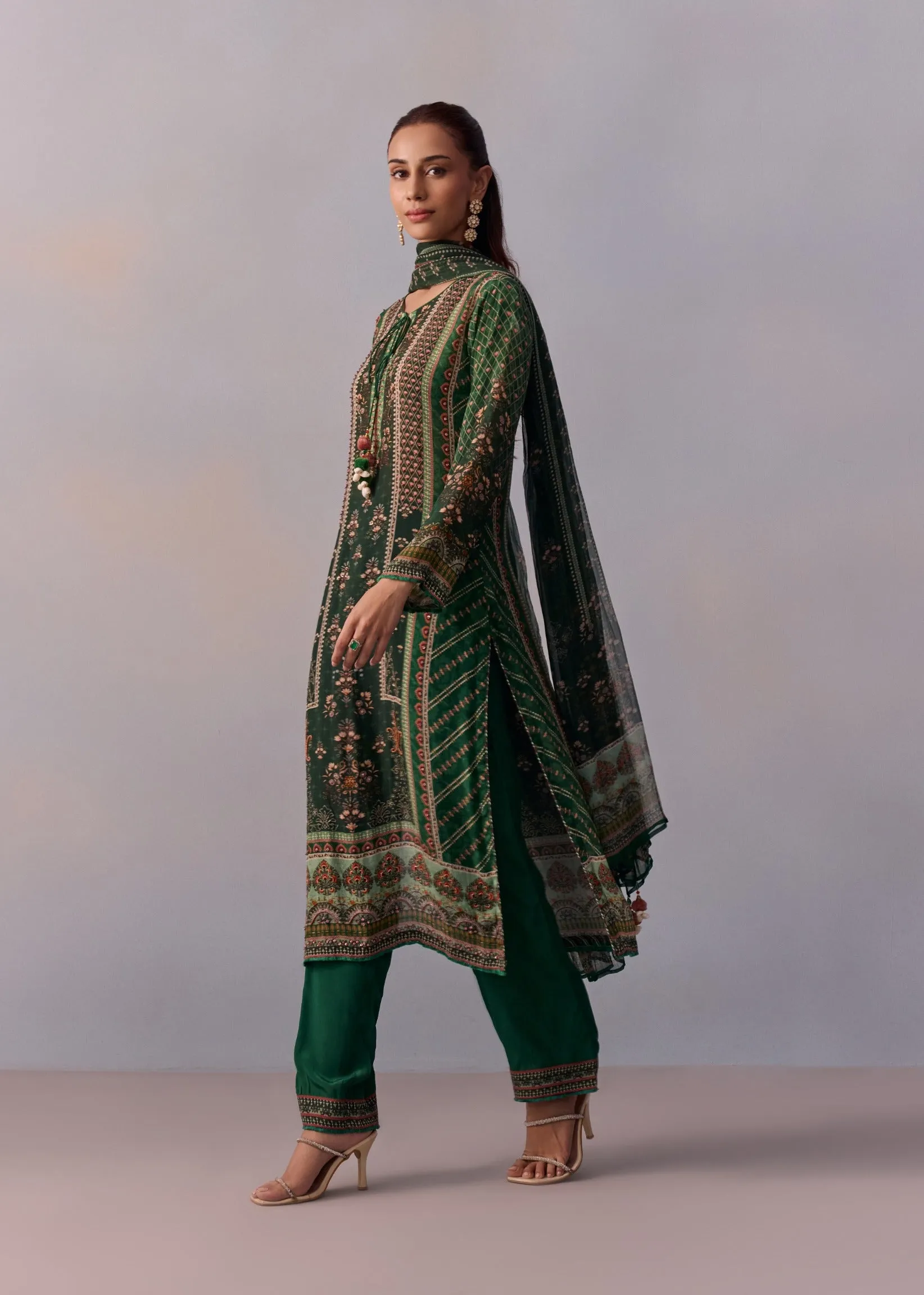 Reham bottle green printed kurta set