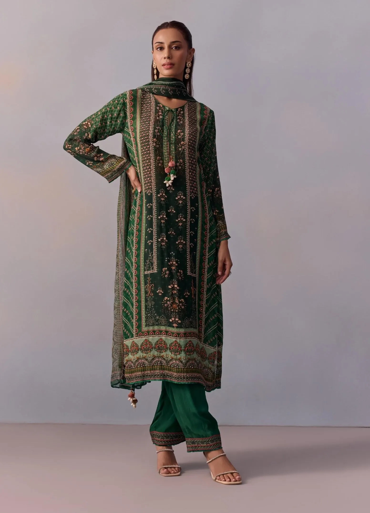 Reham bottle green printed kurta set