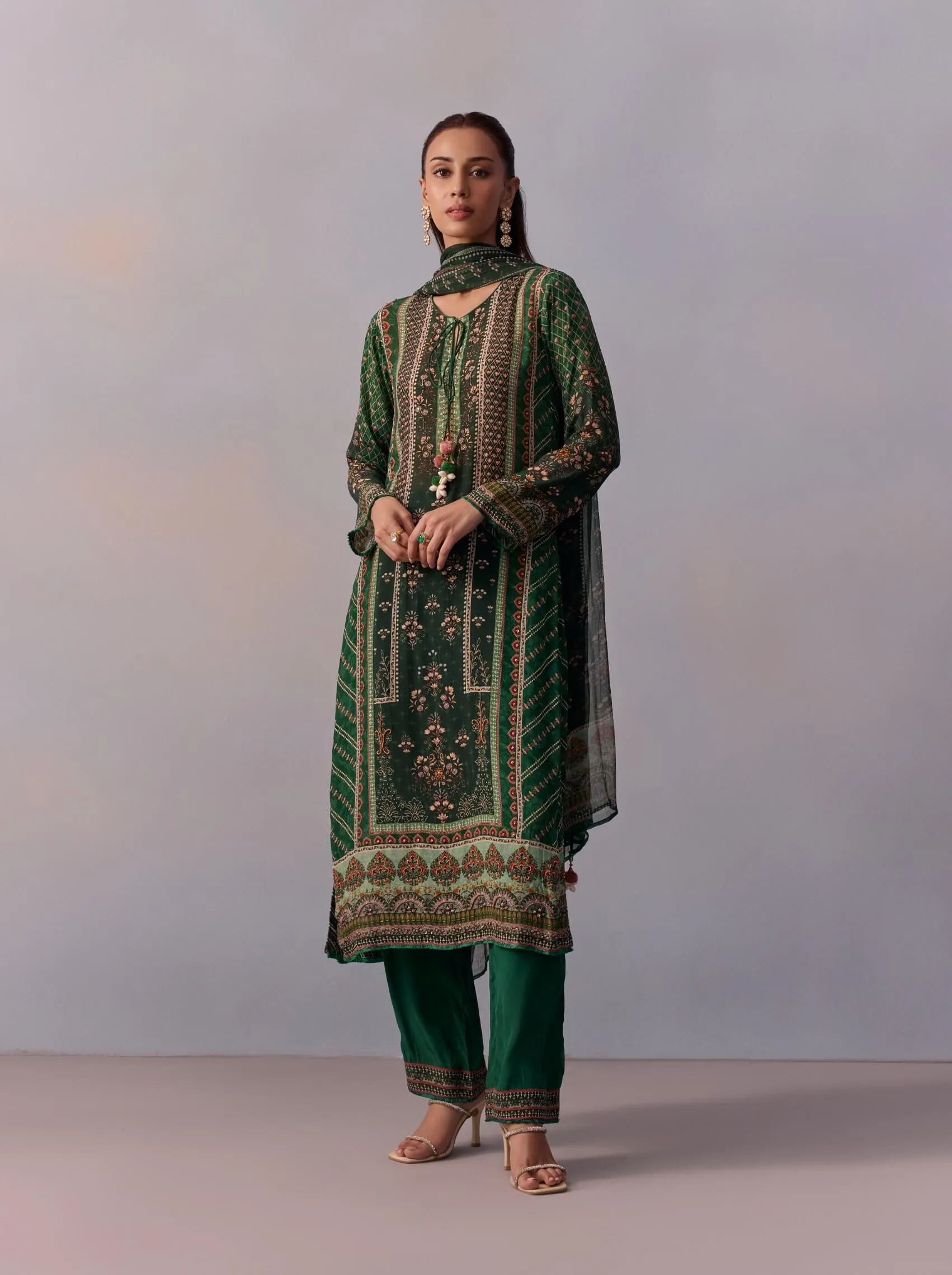 Reham bottle green printed kurta set