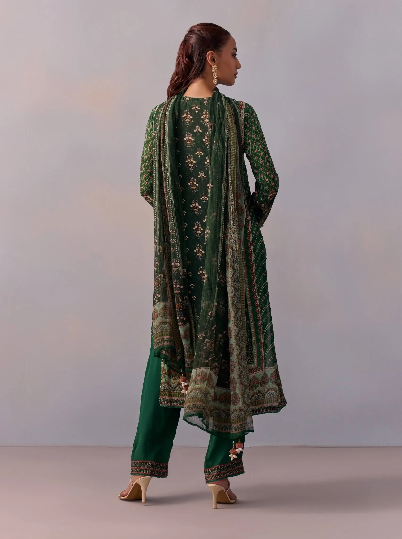 Reham bottle green printed kurta set