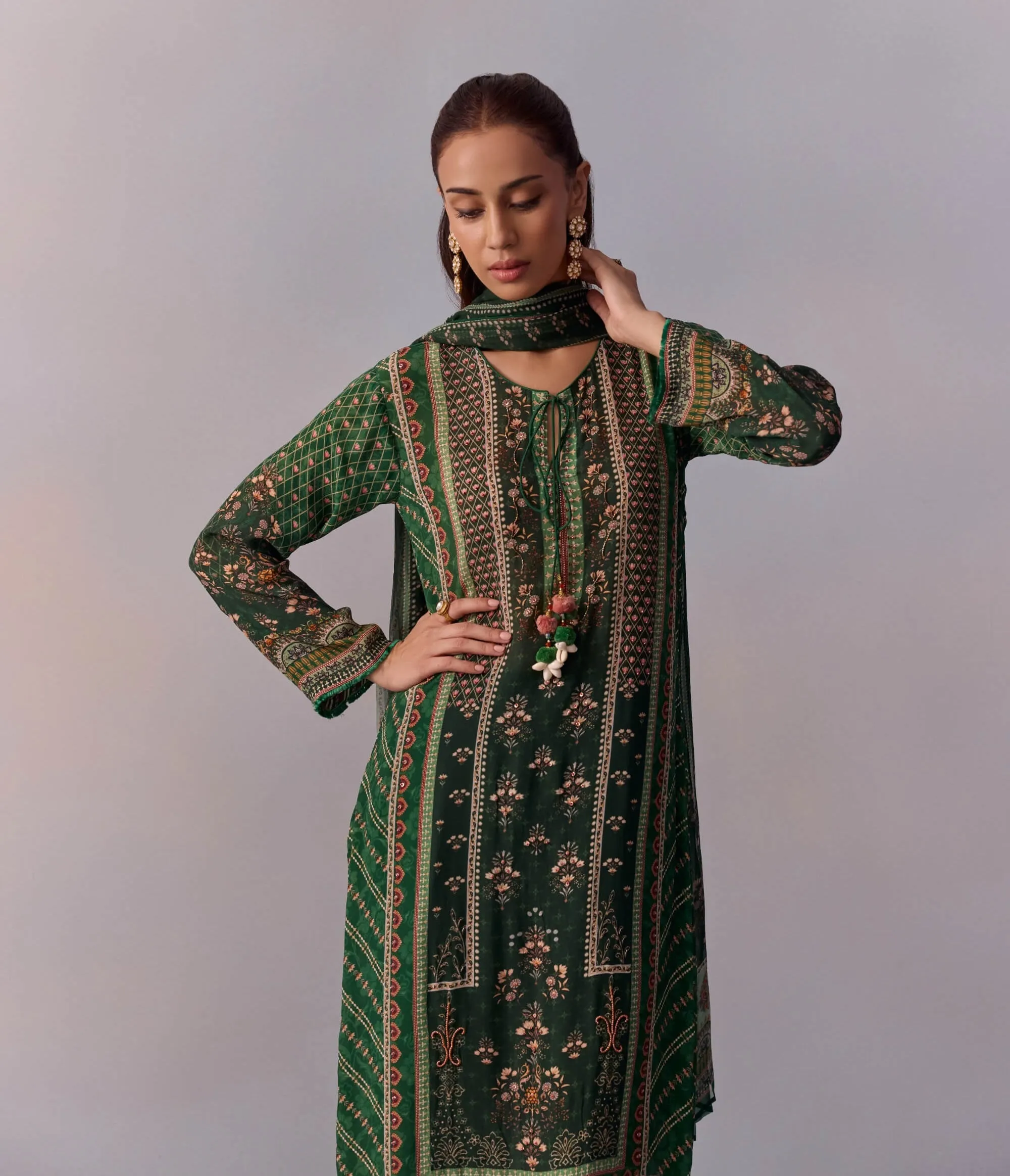 Reham bottle green printed kurta set