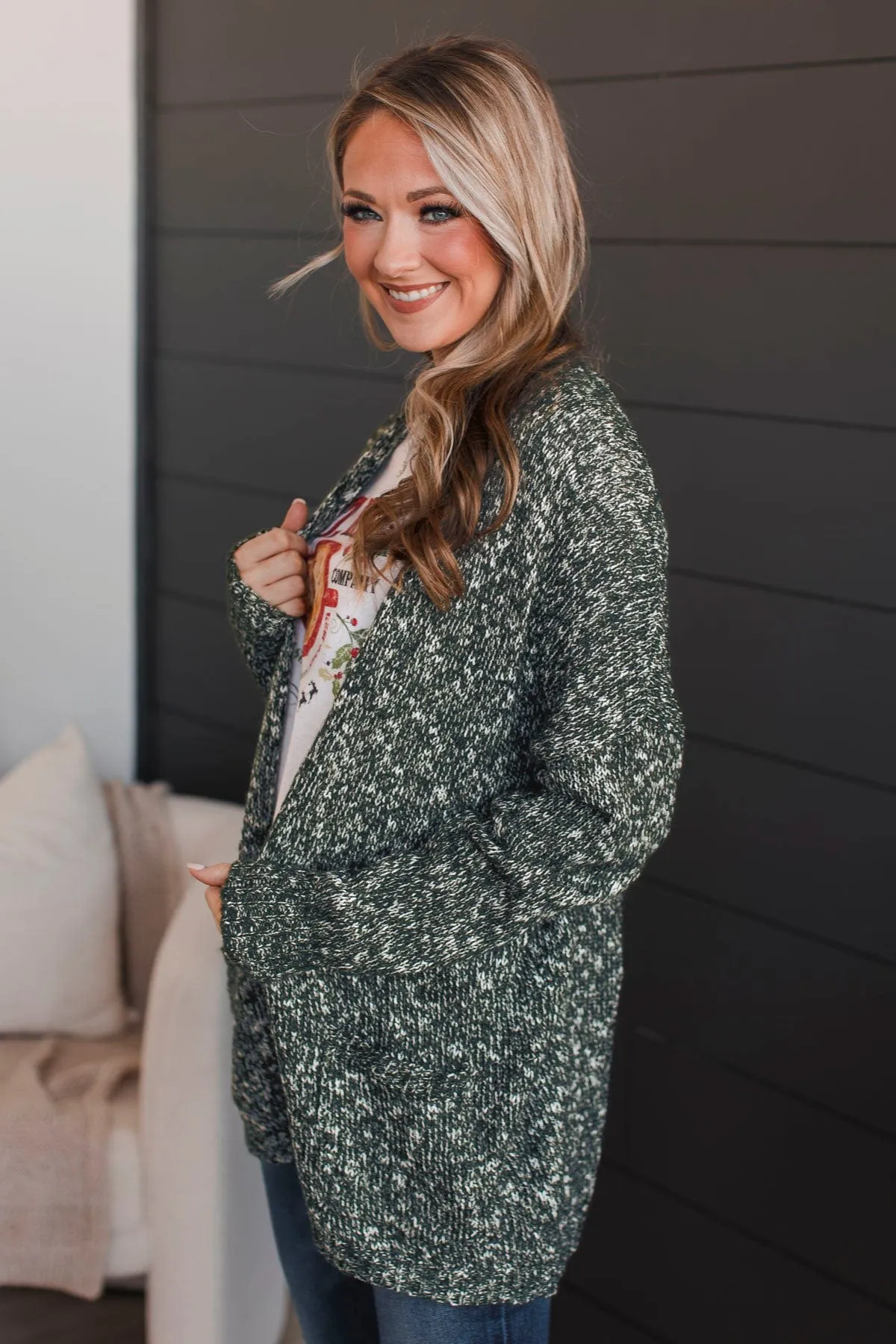 Right On Track Open Front Cardigan- Forest Green