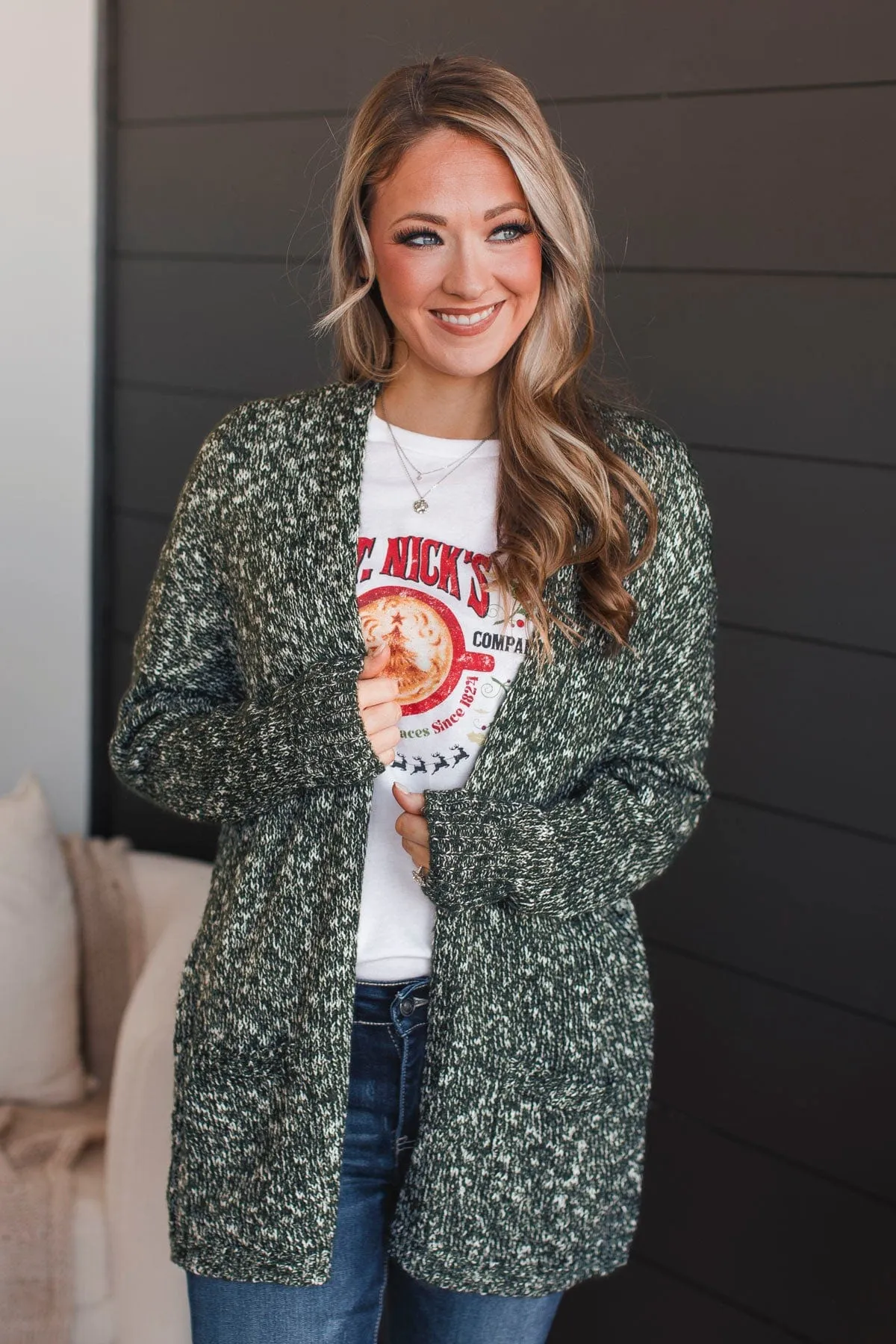 Right On Track Open Front Cardigan- Forest Green