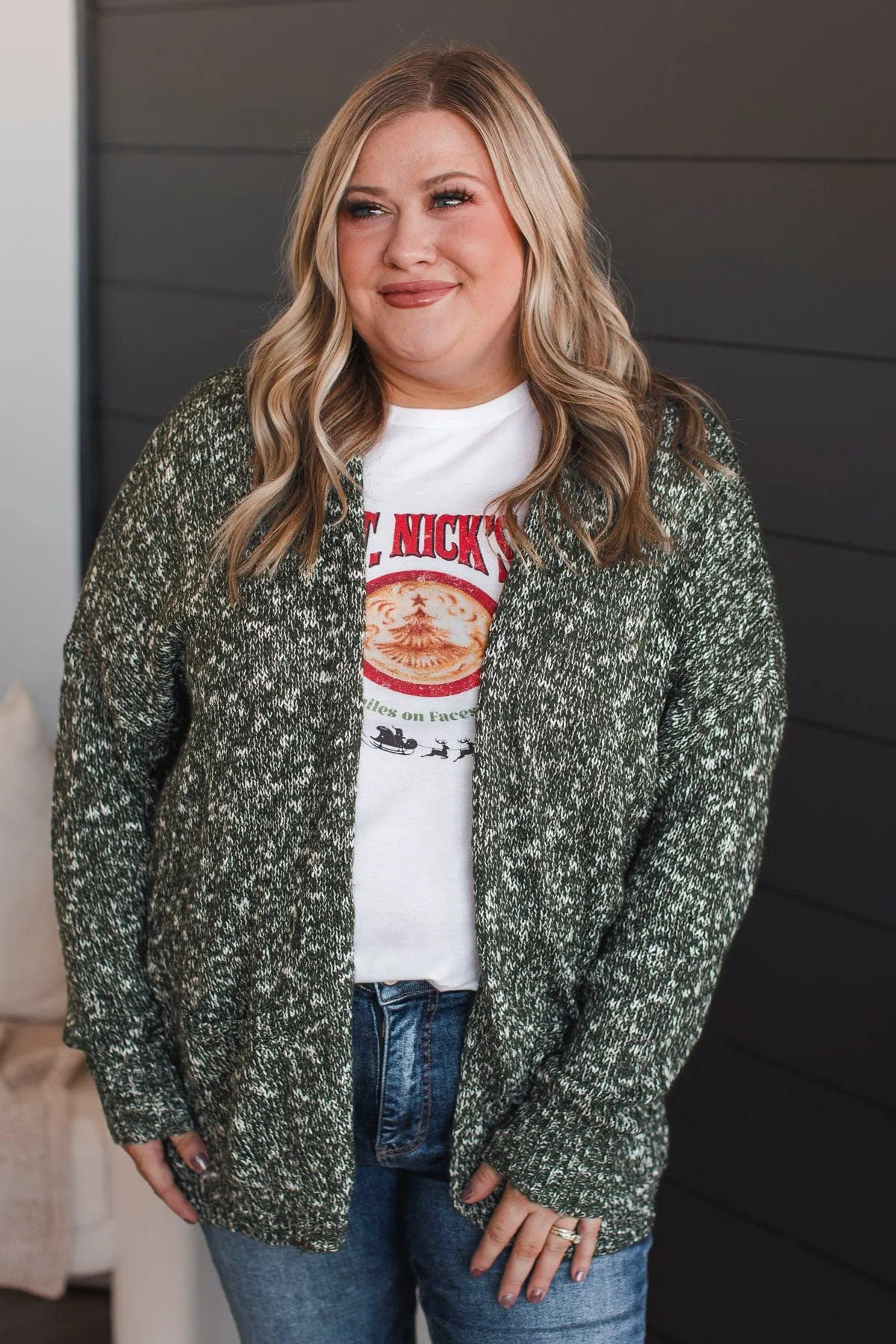 Right On Track Open Front Cardigan- Forest Green