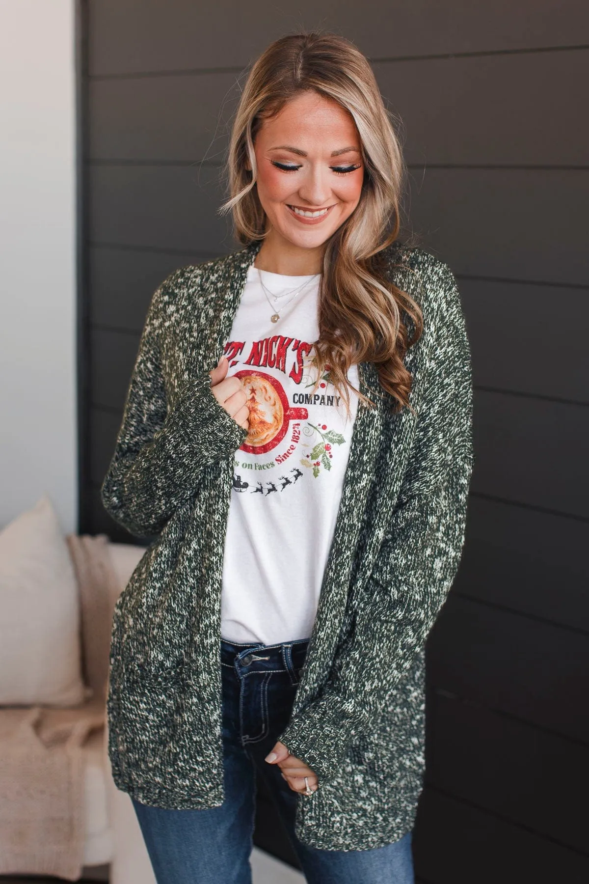 Right On Track Open Front Cardigan- Forest Green