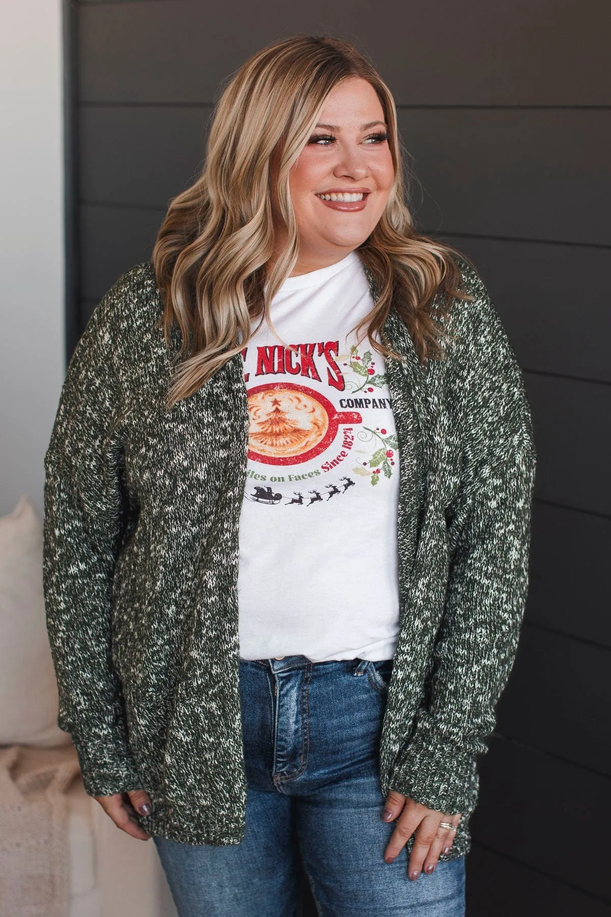 Right On Track Open Front Cardigan- Forest Green