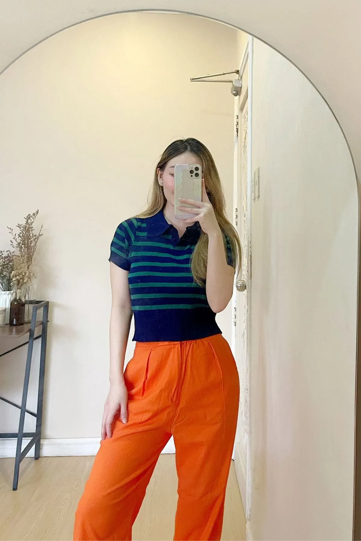 RUE Striped Knit Polo Shirt (Blue Green)