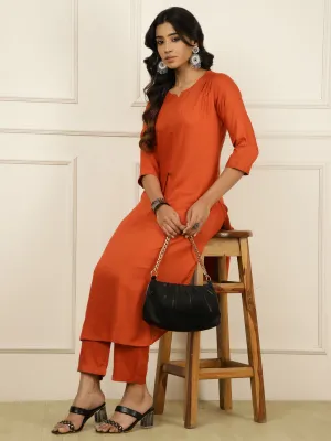 Rust Pleated Straight Kurta With Pants