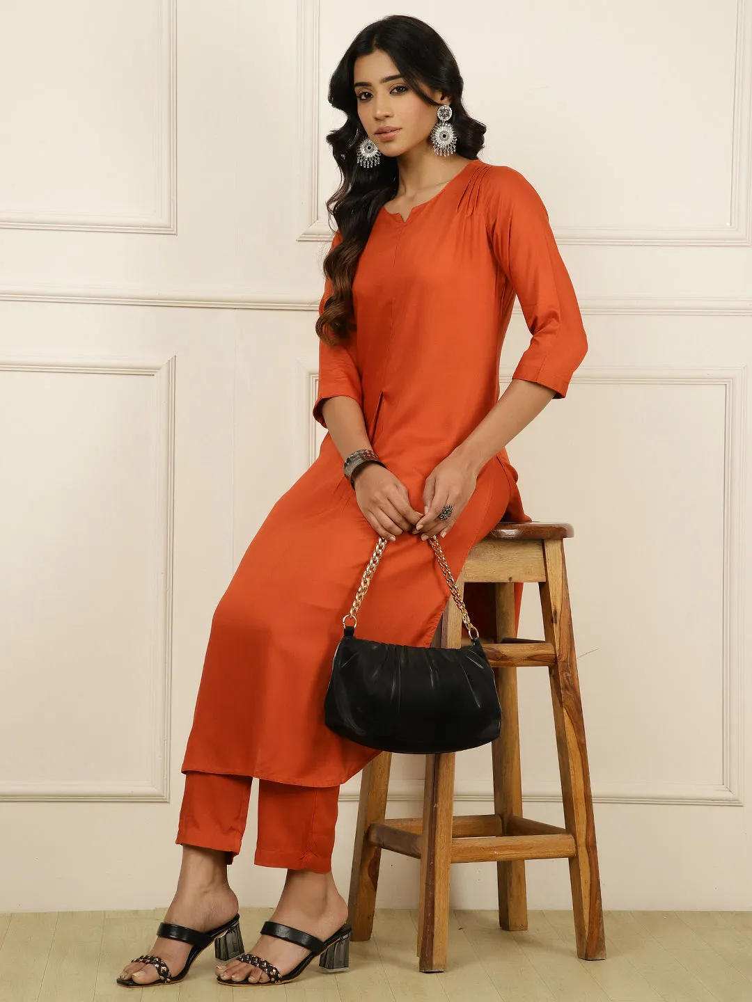 Rust Pleated Straight Kurta With Pants
