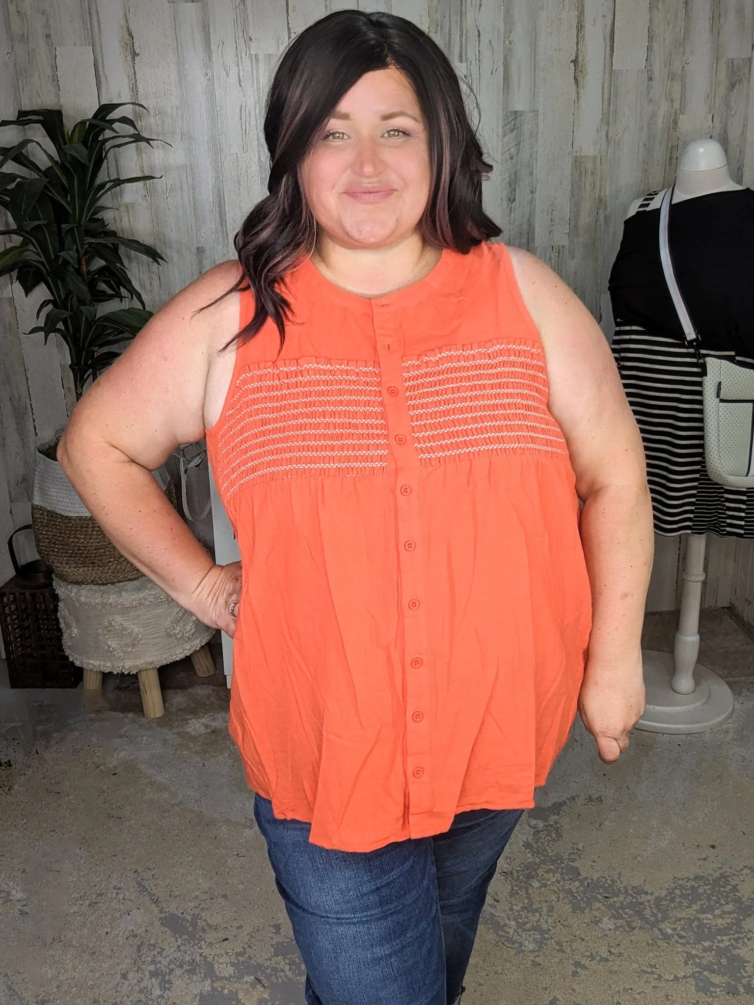 SALE- Rina Smocked Detail Button Front Tank