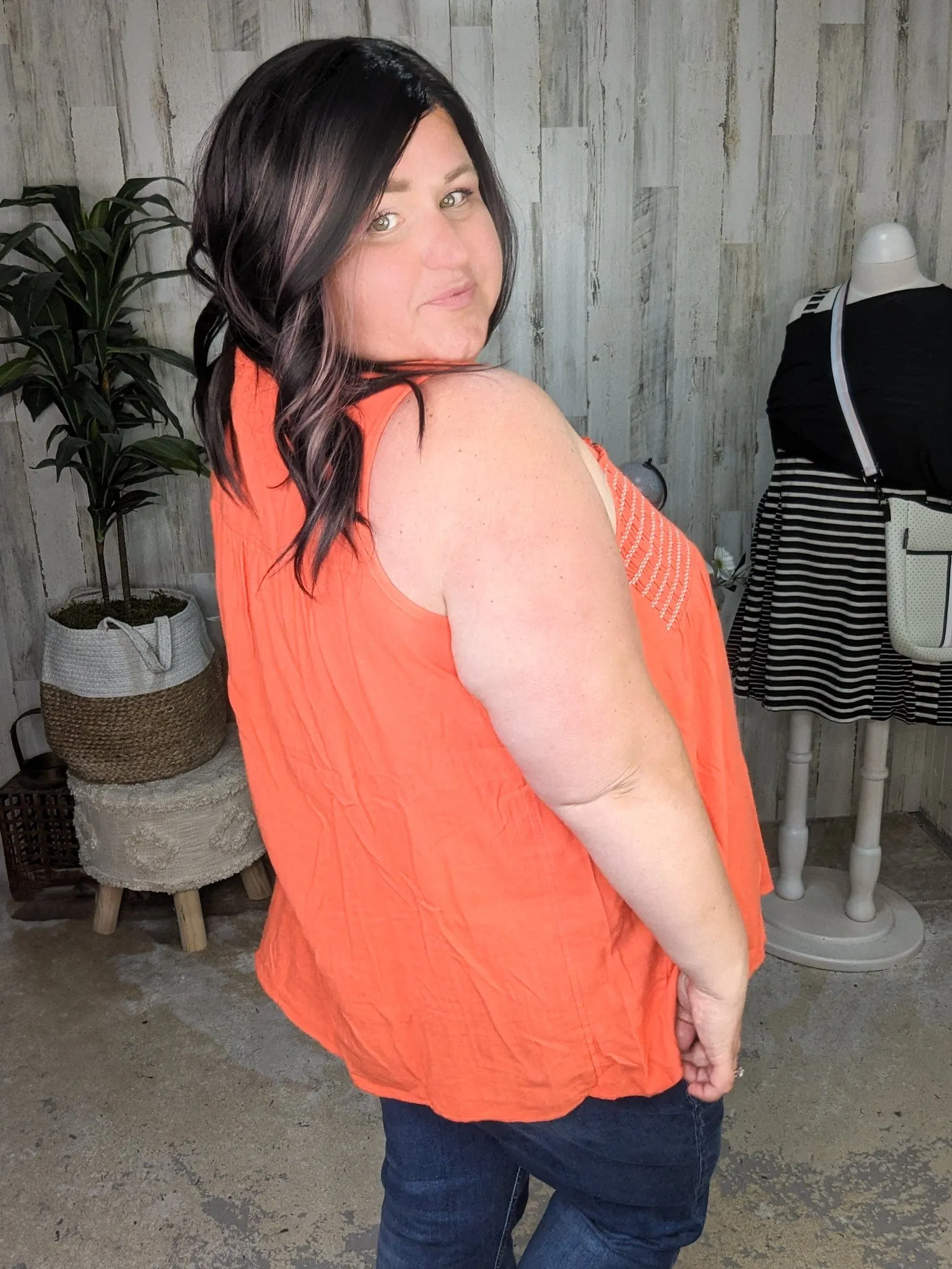 SALE- Rina Smocked Detail Button Front Tank