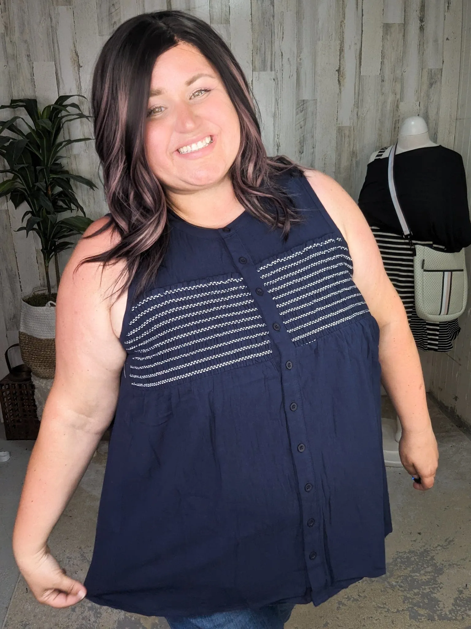 SALE- Rina Smocked Detail Button Front Tank