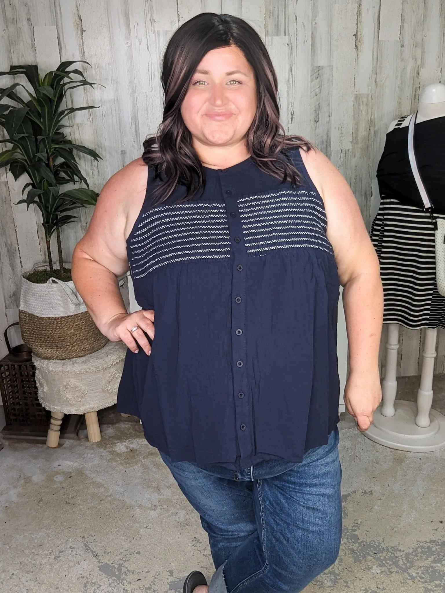 SALE- Rina Smocked Detail Button Front Tank