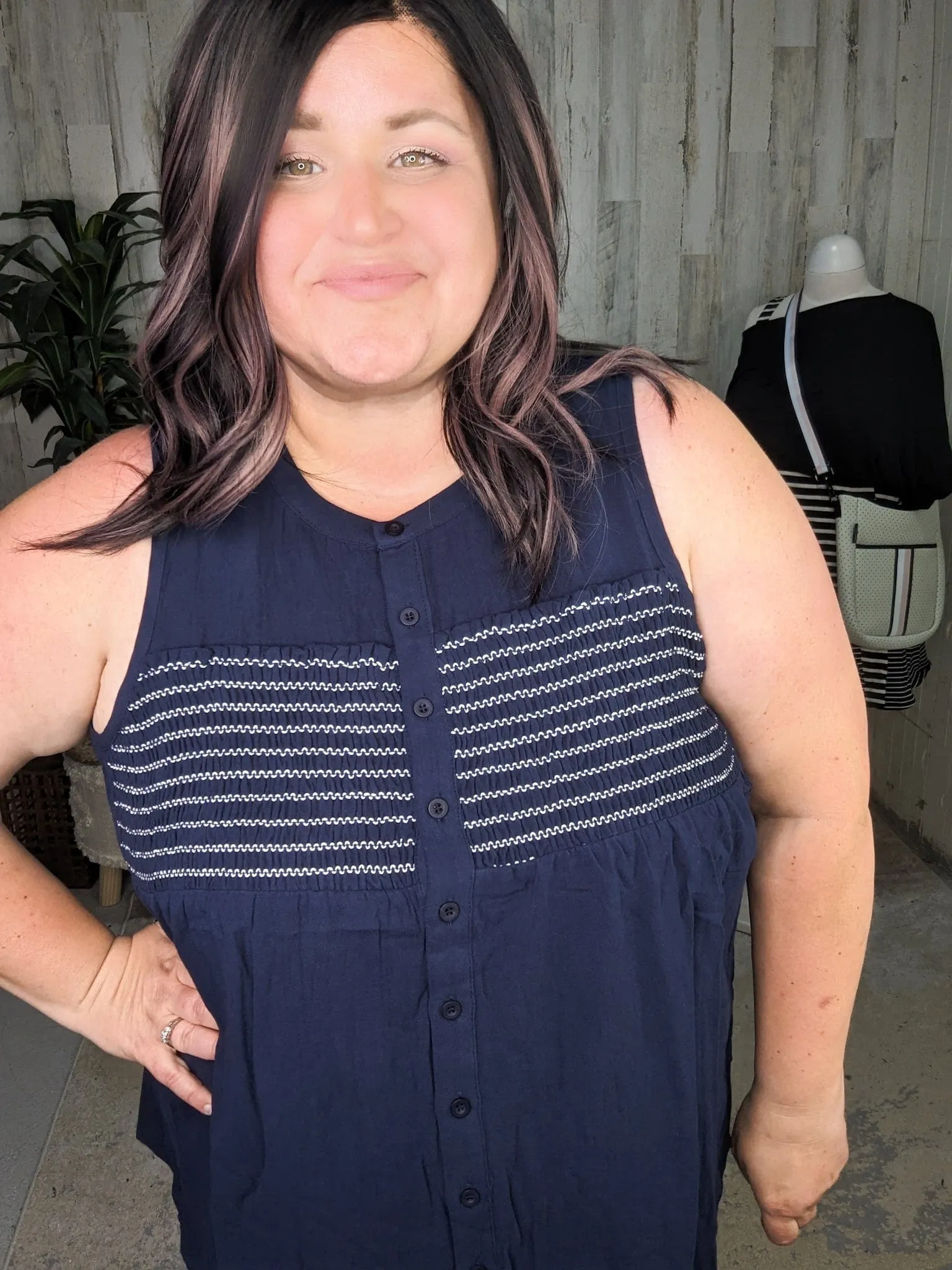 SALE- Rina Smocked Detail Button Front Tank