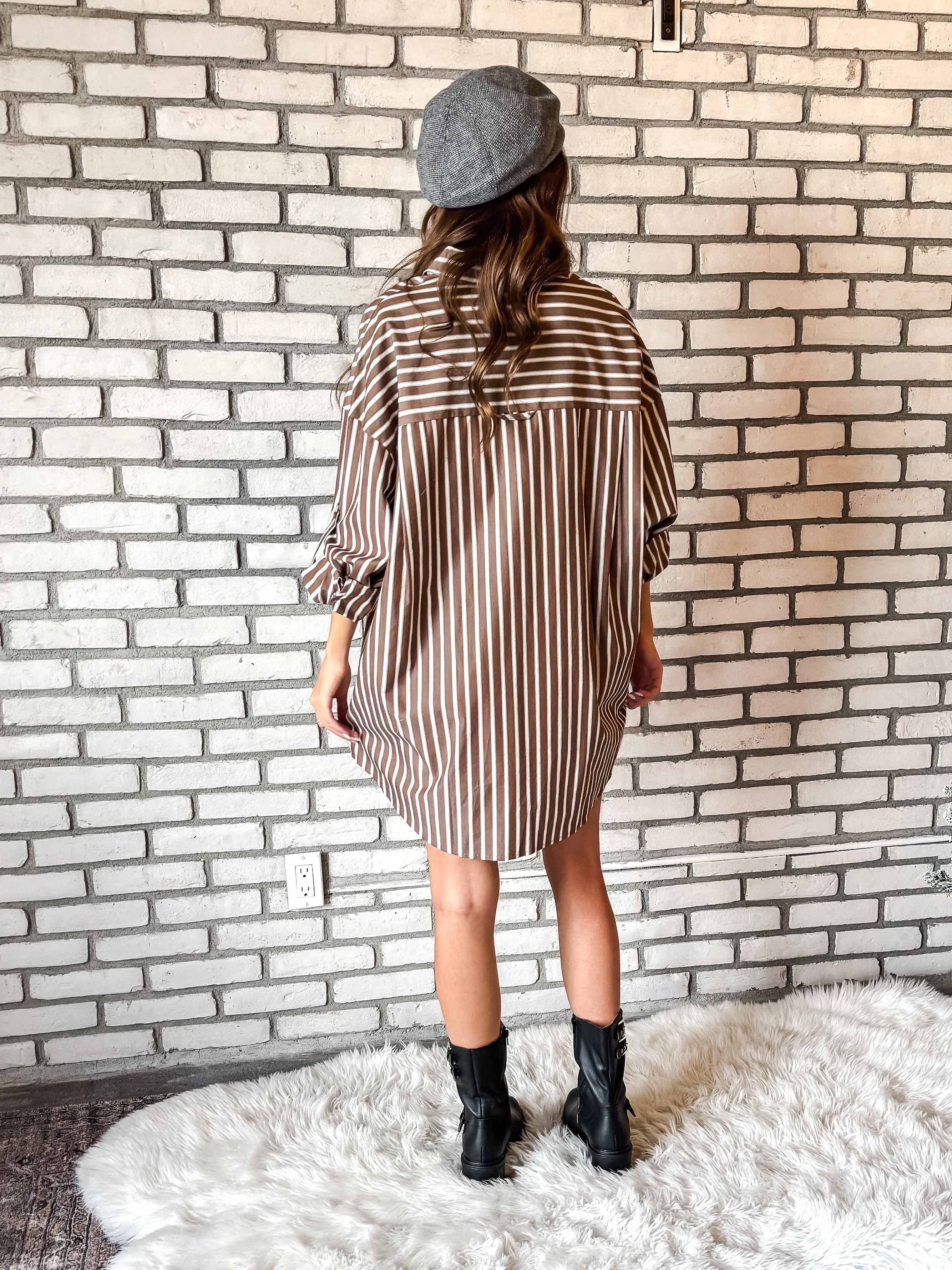Sassy Striped Oversized Front Pockets Shirt Dress ~ Brown