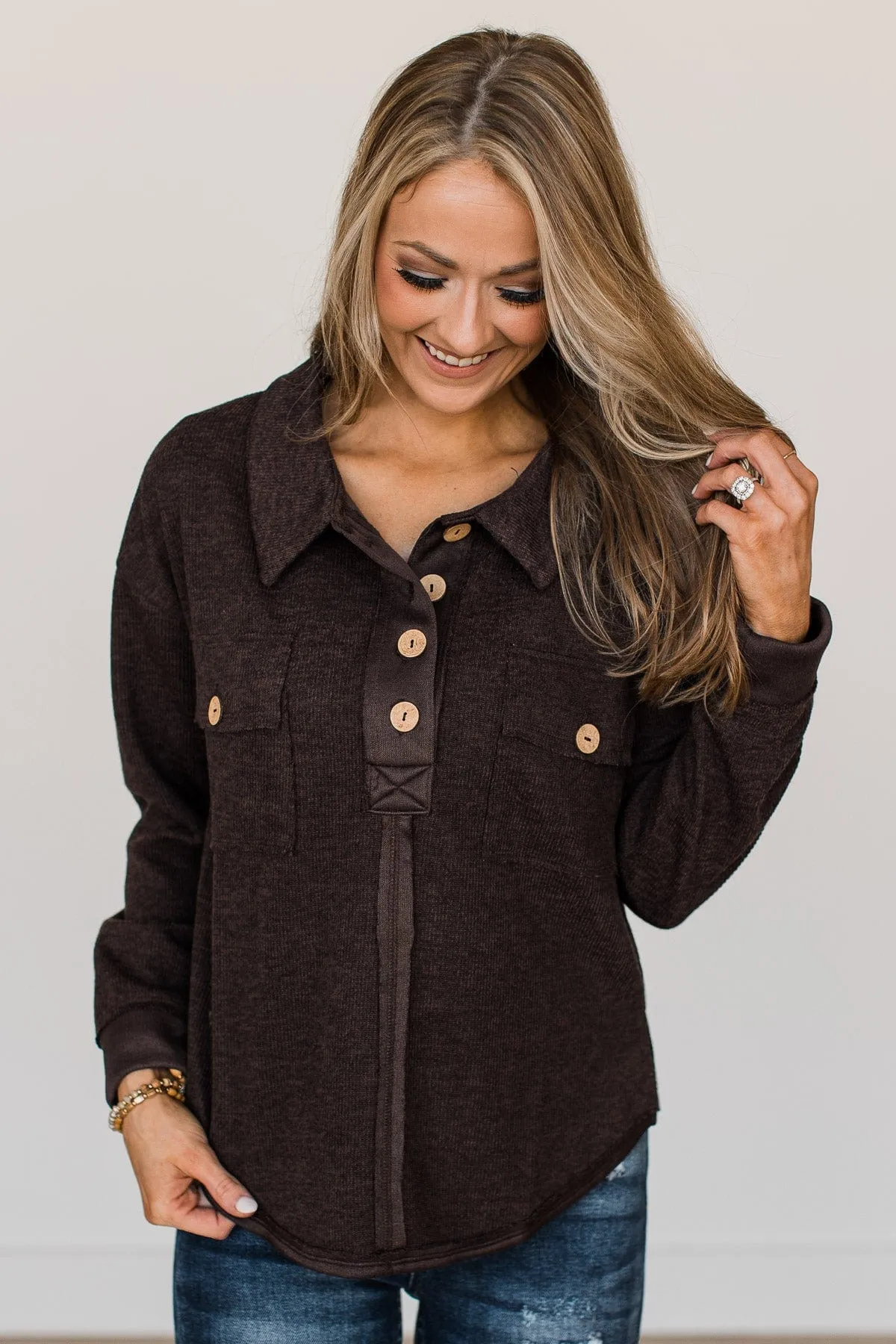 See For Yourself Pocket Top- Dark Brown