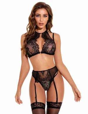 Sexy Hot Eyelash Black Lcae 3pcs Bra Panty Set