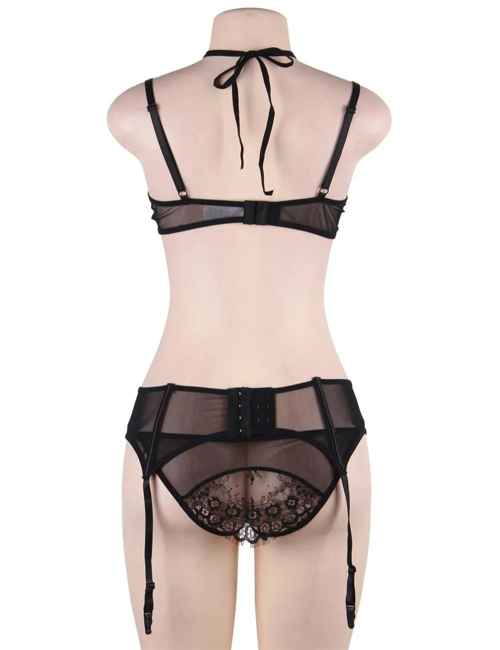 Sexy Hot Eyelash Black Lcae 3pcs Bra Panty Set