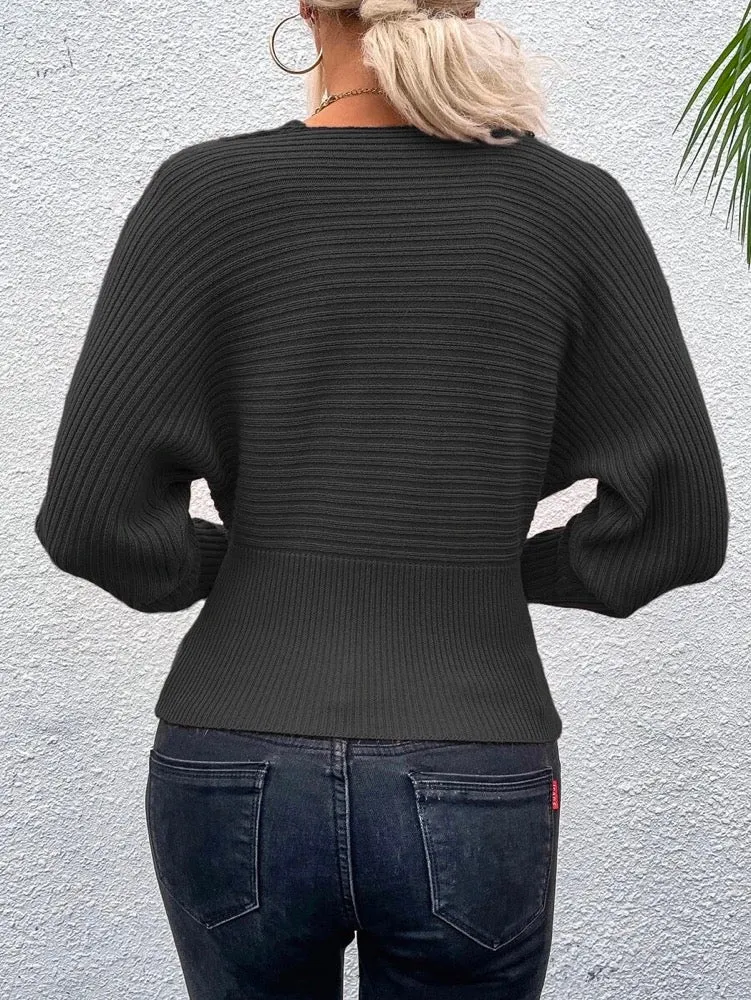 Simple Long Sleeves Hollow Lacy Solid Color V-Neck Sweater Tops