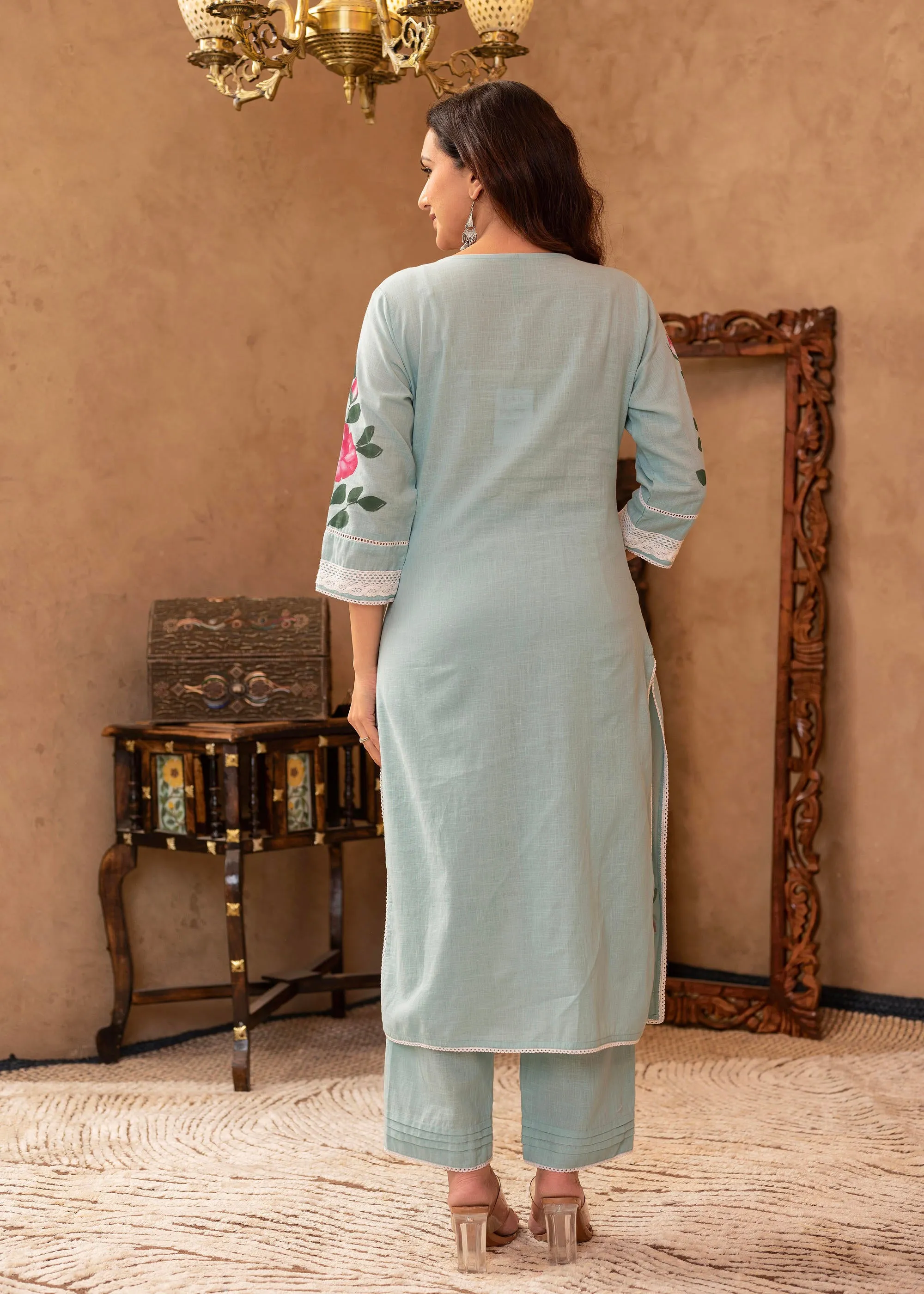 Sky Blue Cotton Slub Floral Printed Kurta-Pant & Dupatta Set with Lace, Thread Work & Button Closure