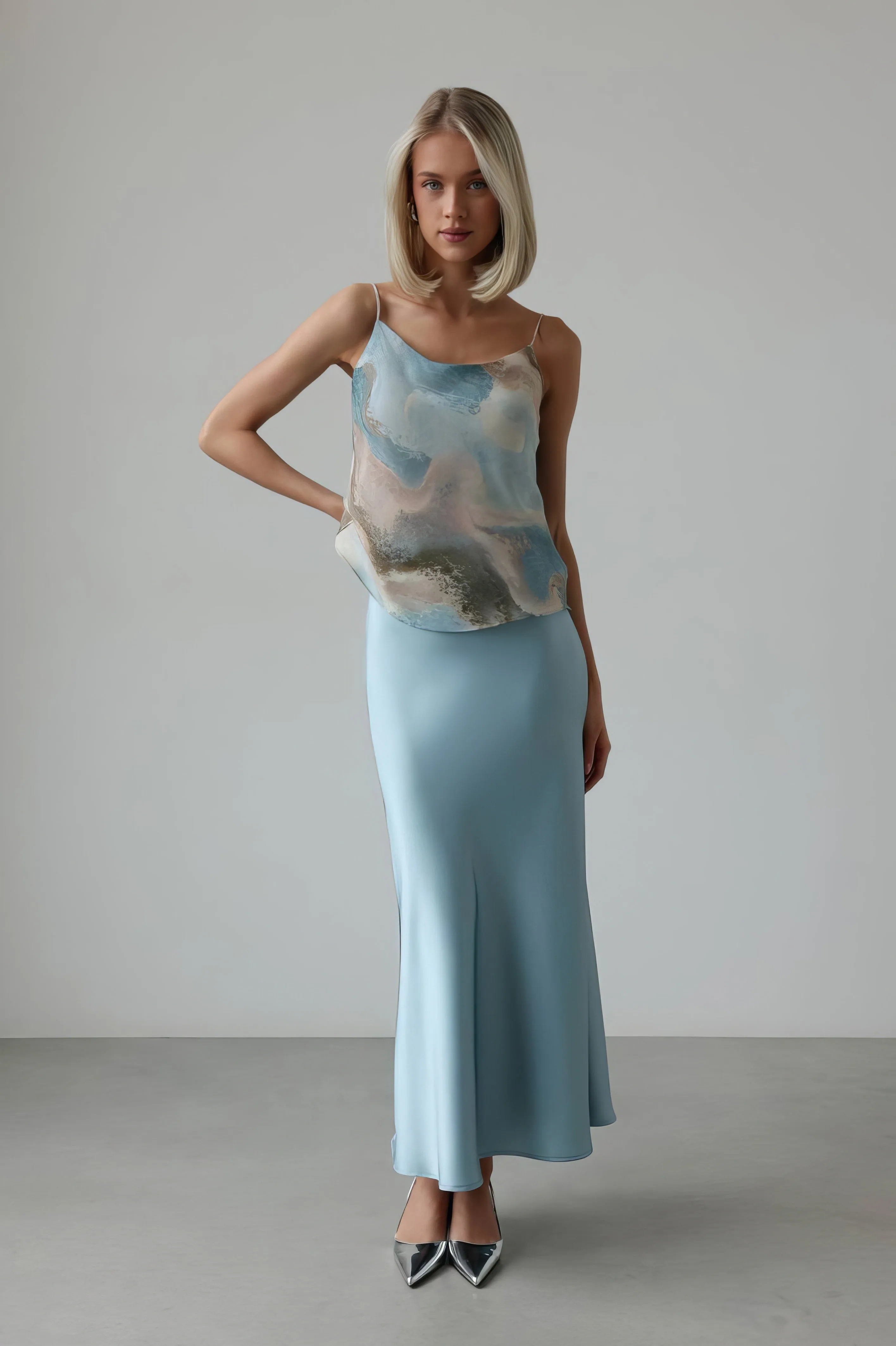 Sky Blue Satin Bias Skirt