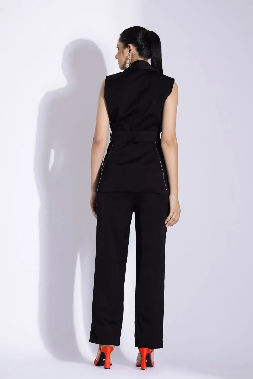 SLEEVELESS BELTED JACKET AND TAPERED PANTS