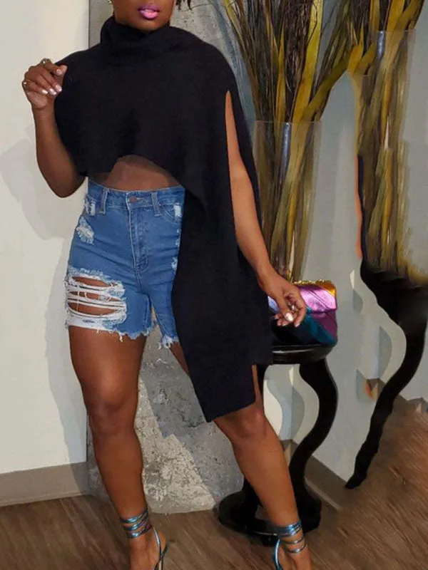 Slit Asymmetrical Turtleneck Tops