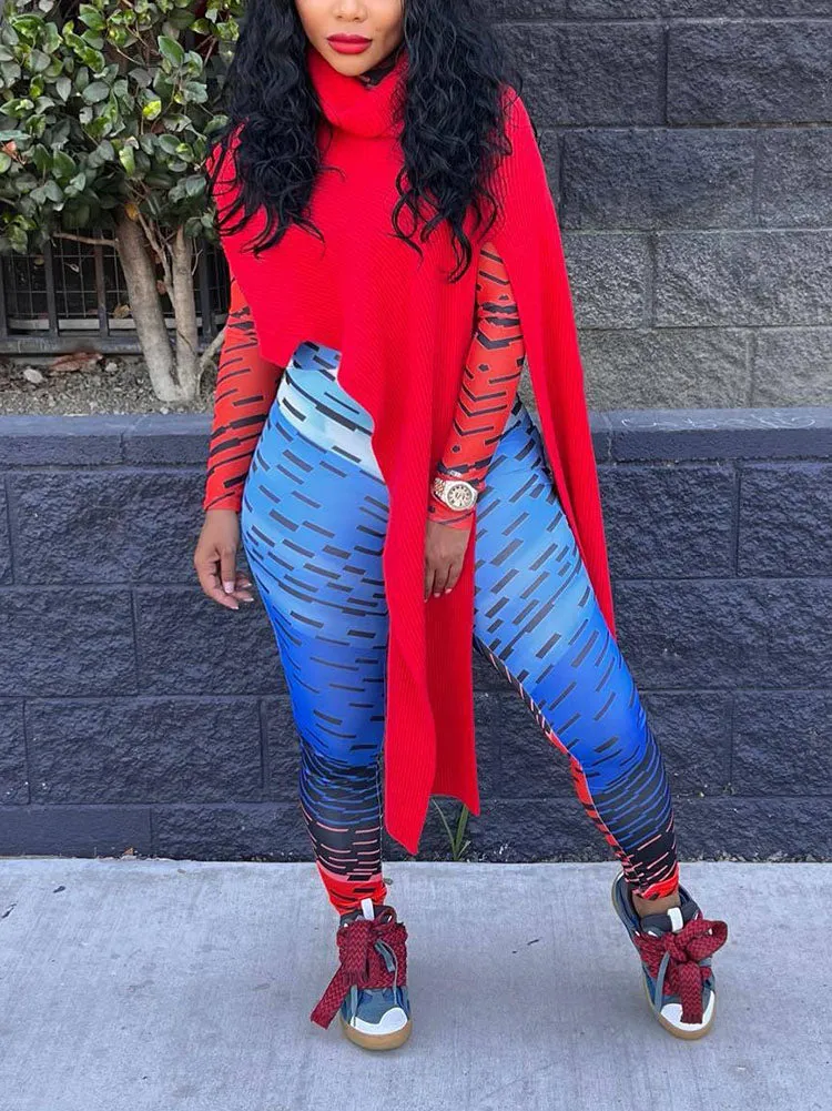 Slit Asymmetrical Turtleneck Tops