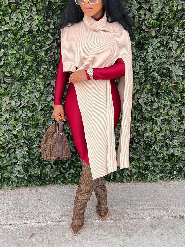 Slit Asymmetrical Turtleneck Tops