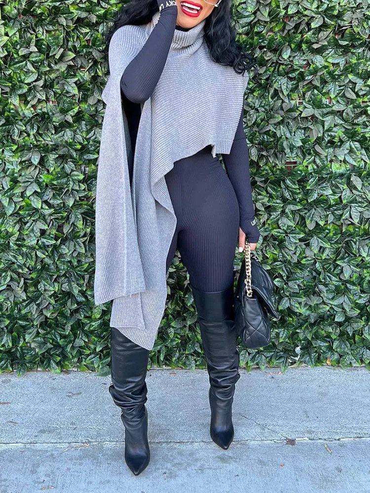 Slit Asymmetrical Turtleneck Tops