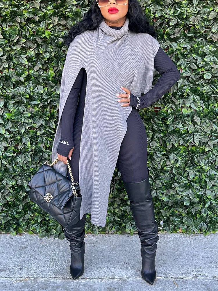 Slit Asymmetrical Turtleneck Tops